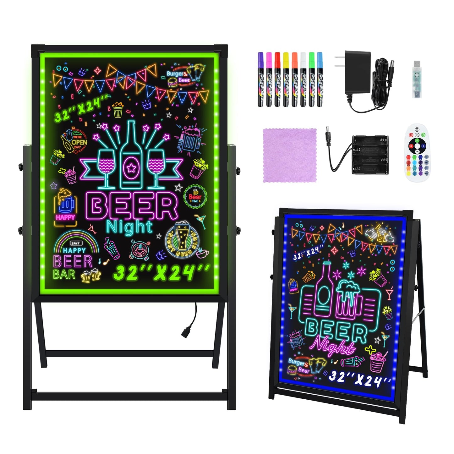 Hosim Standing A-Frame LED Message Writing Board, 32”x 24" Illuminated Erasable Neon Restaurant Menu Sign Board with 8 Colors Markers & 16 Lighting Colors DIY Chalkboard Light Up Sign