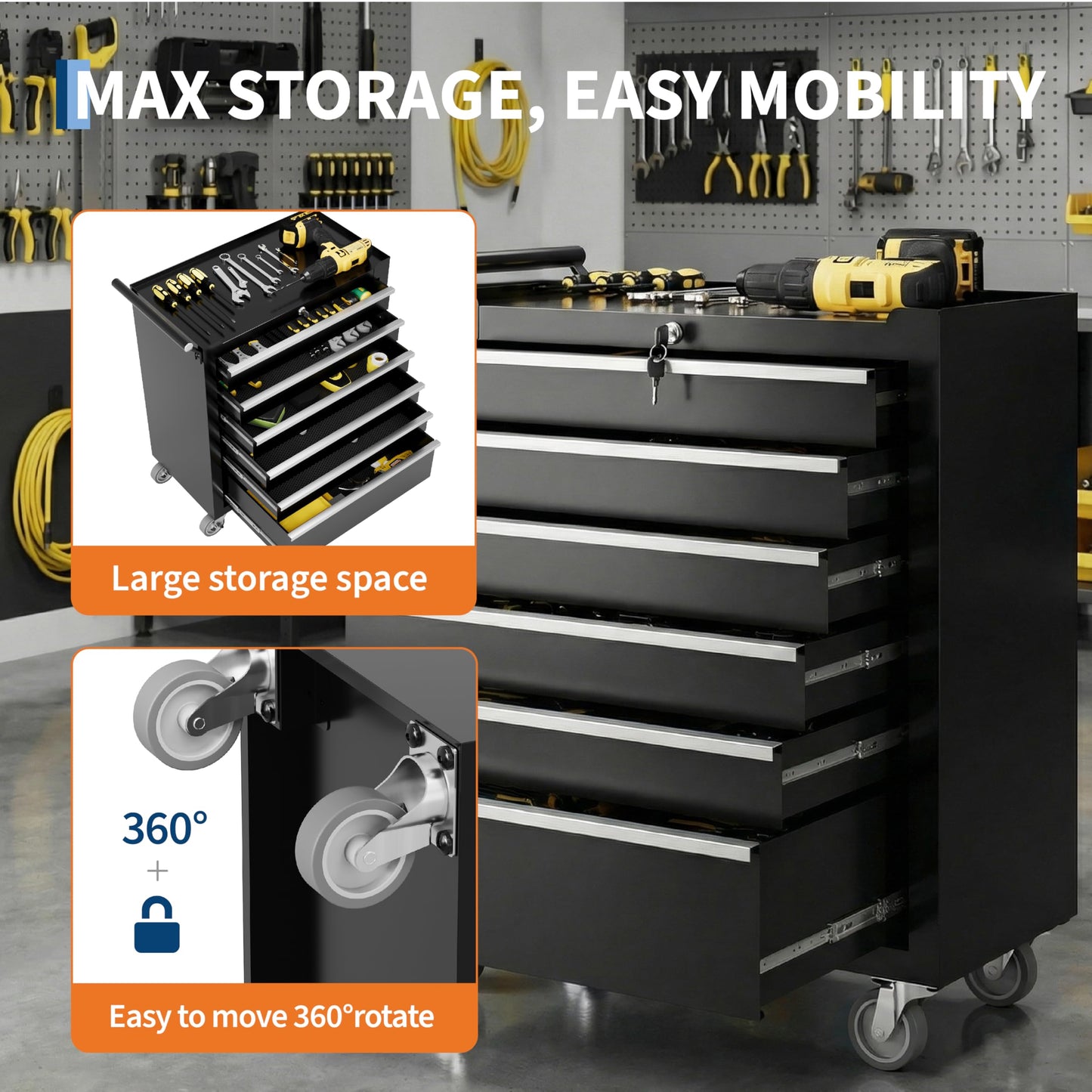 IDEALHOUSE Rolling Tool Chest, 6 Drawers Tool Storage Cabinet, Toolbox with Wheels, Portable Tool Cabinet Organizer with Locking System & Drawer Liners, Tool Storage Cart for Garage, Workshop, Black