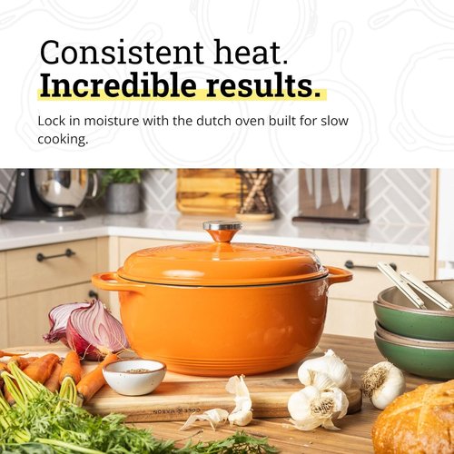 Lodge Enamel Cast Iron Dutch Oven - 6 Quart Moisture-Sealing Lid & Dual Handles - Ideal for Baking & Slow Cooking - Pumpkin