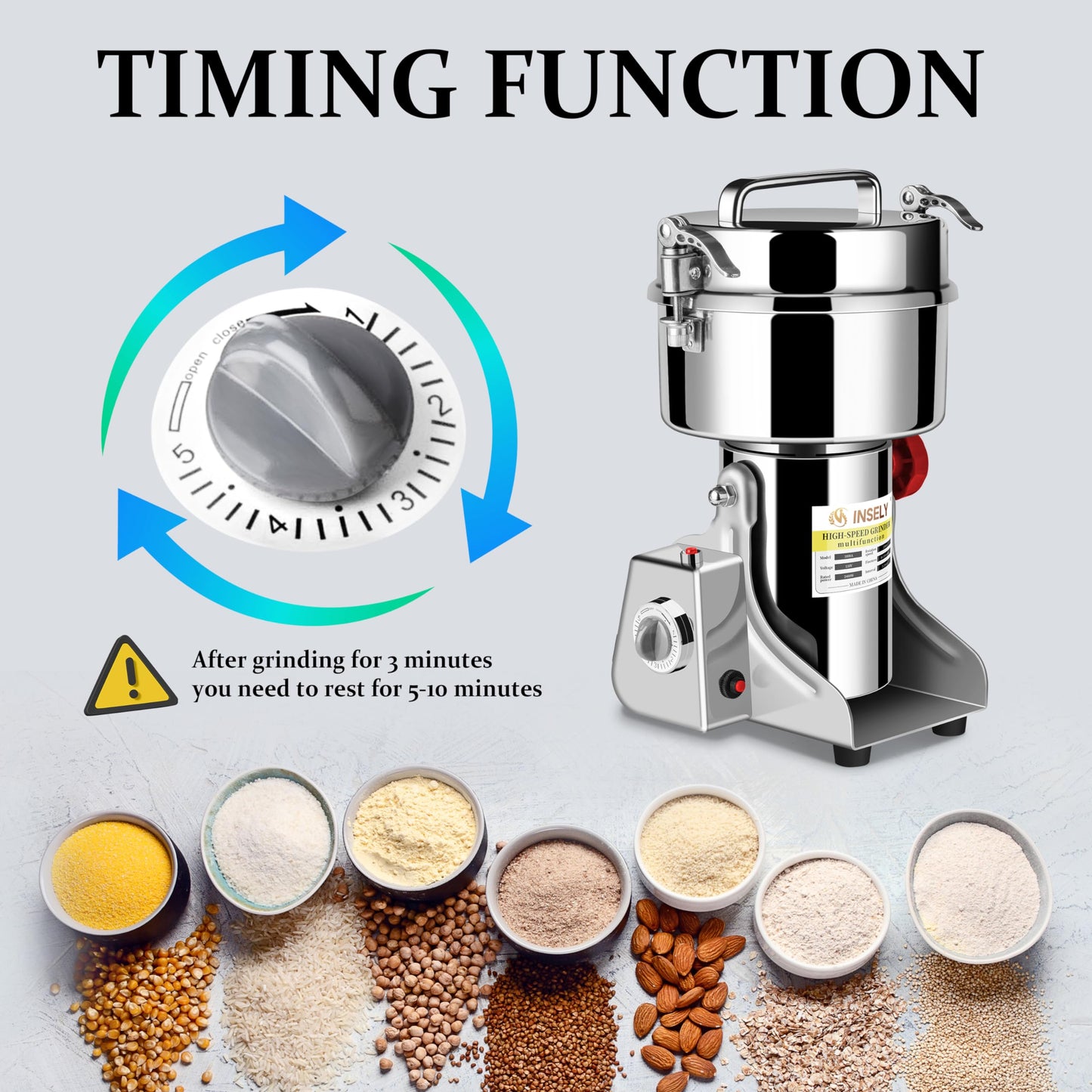 INSELY 1000g Grain Mill Grinder High Speed Food Grain Mill Stainless Steel Seeds Flour Wheat Nut Spices Corn Pill Herbs & Seasonings Dry Grinder Electric Machine Grinder for Kitchen