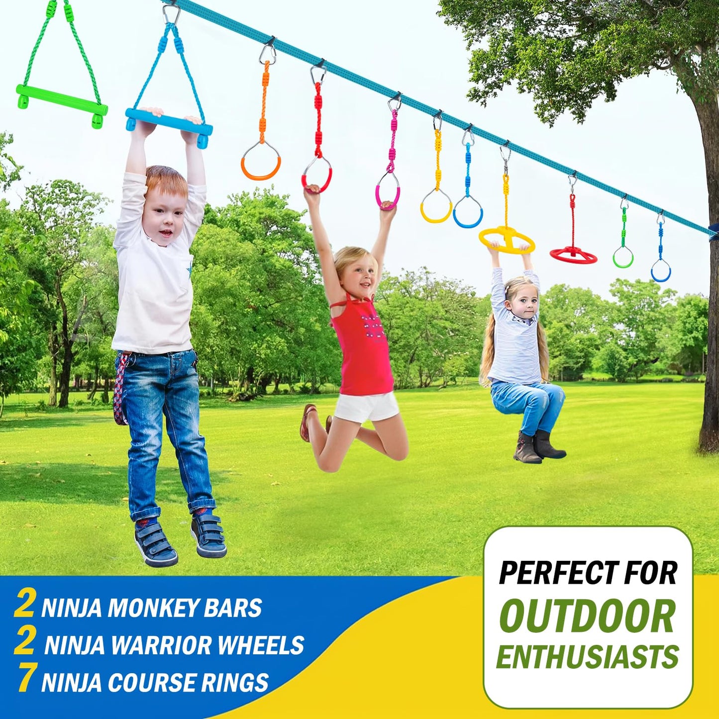 VECKYJL Ninja Warrior Obstacle Course Attachments - 7 Monkey Rings, 2 Monkey Bars, 2 Ninja Wheel, Backyard Obstacle Course Set Accessories for Backyard Outdoor Training