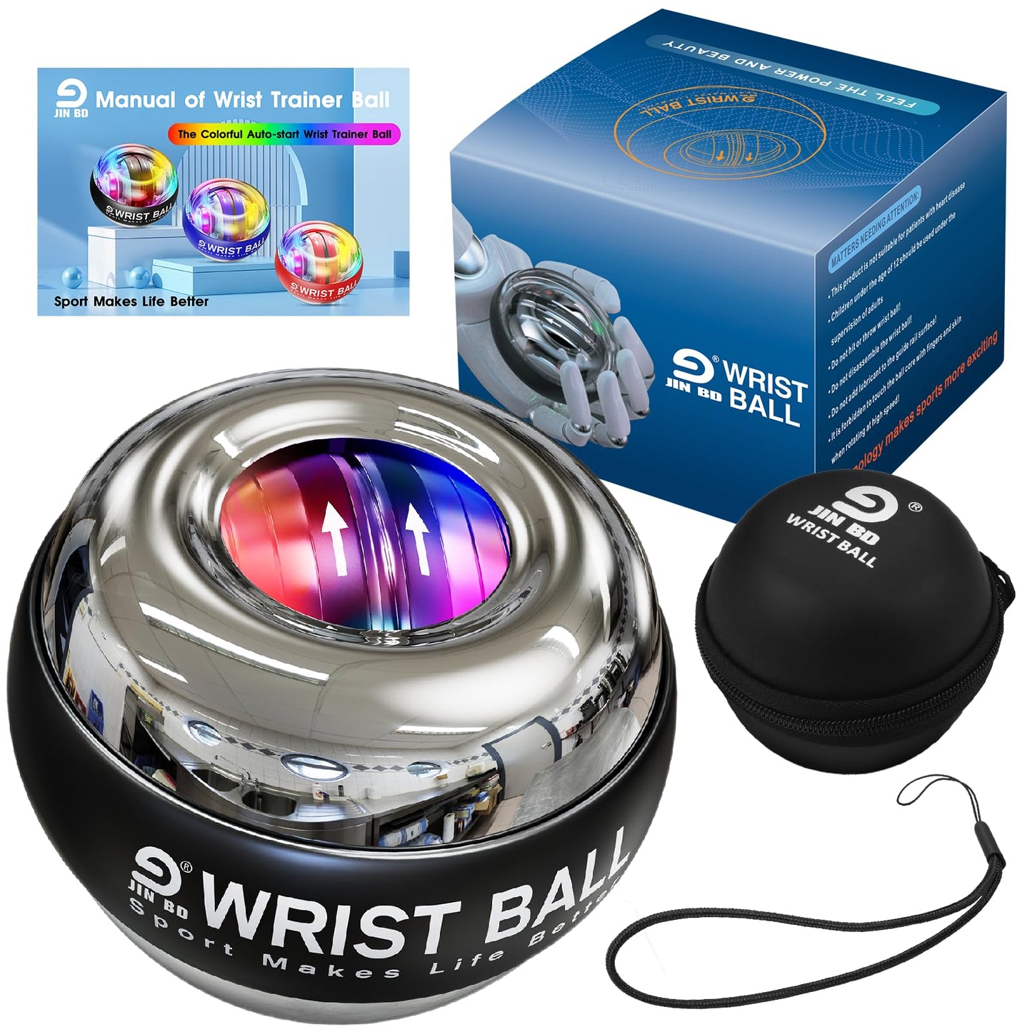 JIN BD Wrist Trainer Ball Auto-Start Gyroscopic Forearm Exerciser Gyro Ball for Strengthen Arms, Fingers, Grip and Muscles Silver-Metal (Colorful Light)