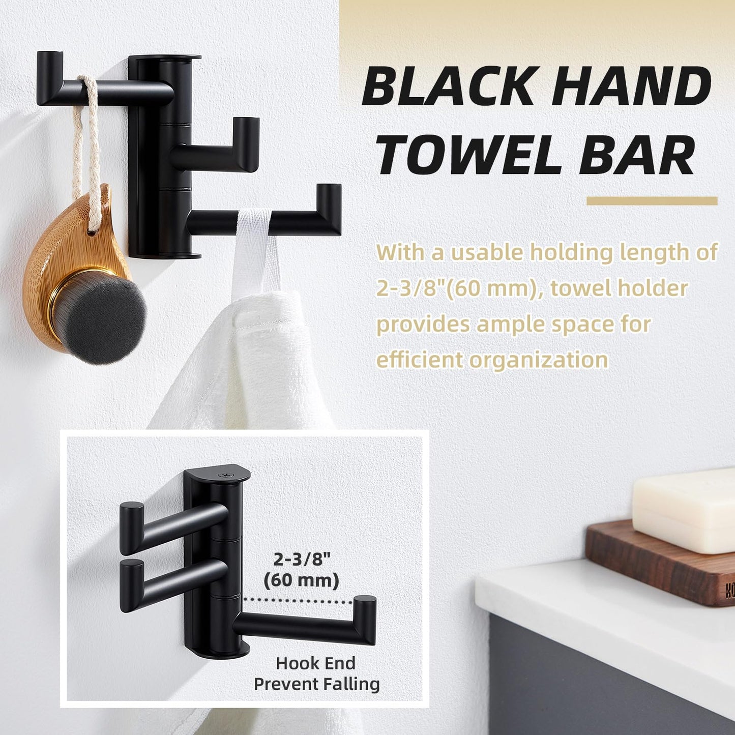 APLusee Swivel Towel Hook, 304 Stainless Steel Foldable Clothes Hook with Multi Three Rotating Arm, Flexible Bathroom Kitchen Storage Hanger Wall Mounted, Matte Black