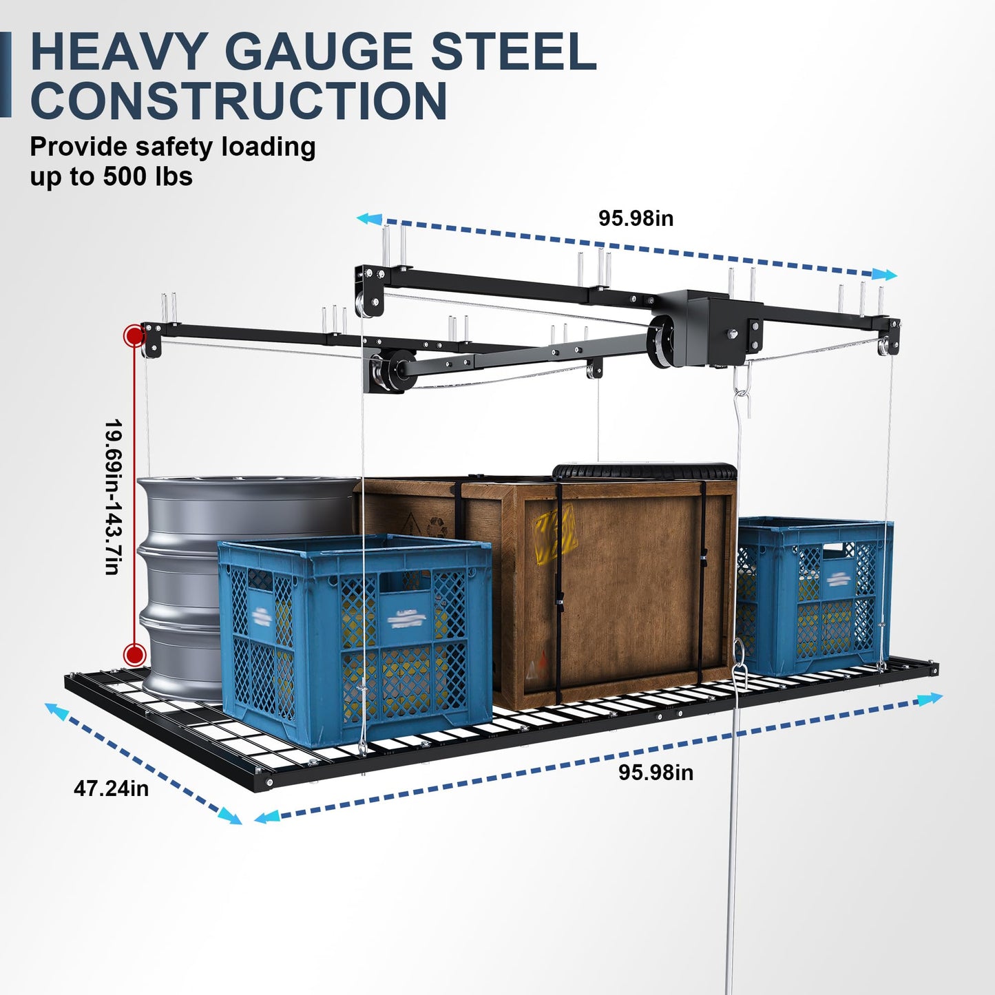4x8 FT Overhead Garage Storage Rack for High Ceilings 10-12 FT, 350Lbs Heavy-duty Steel Garage Ceiling Rack with Safety Lock, Ideal for Overhead Storage Mounted Lift System and Garage Organizer