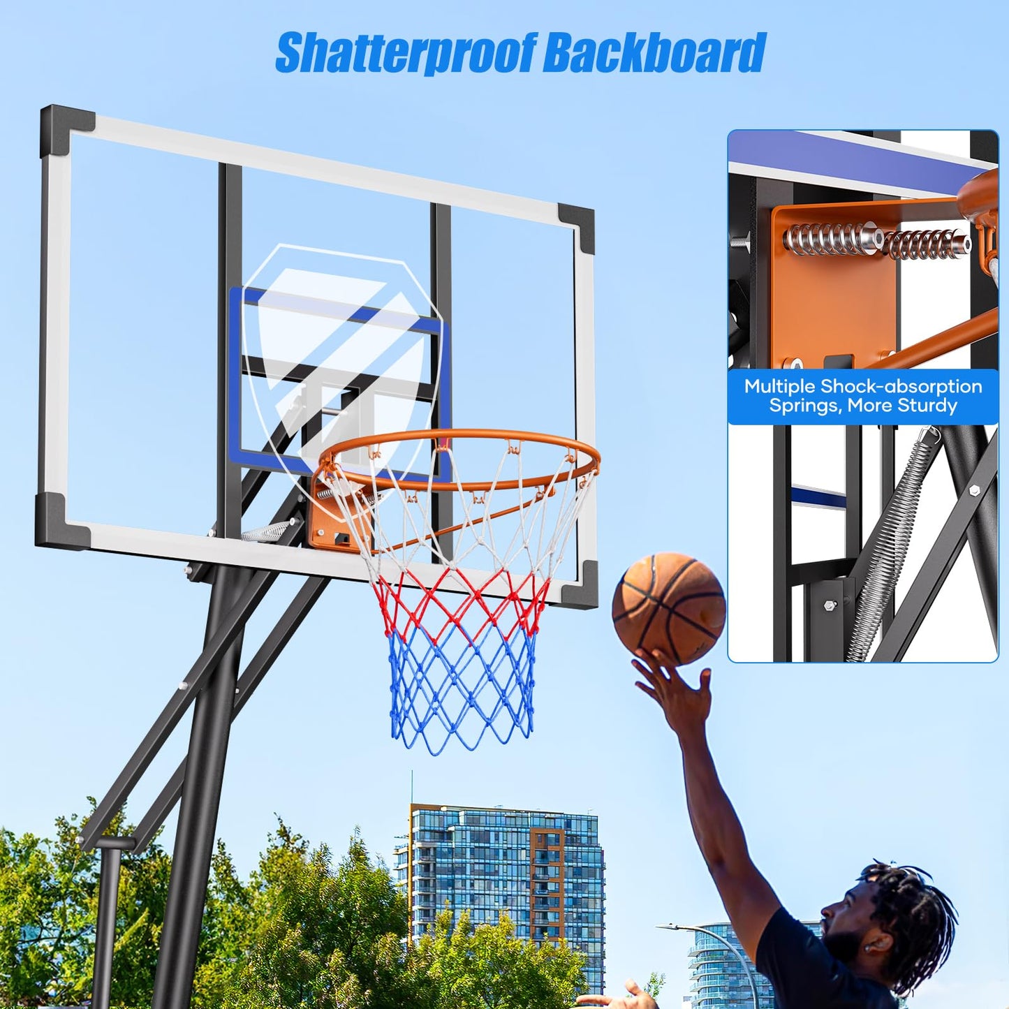 Asbest Basketball Hoop Outdoor with 44" Shatterproof Backboard, 5.09-10FT Adjustable Basketball Goal System, Portable Hoop with Wheels & Easy Adjustment for Driveway, Backyard, Court (Blue)