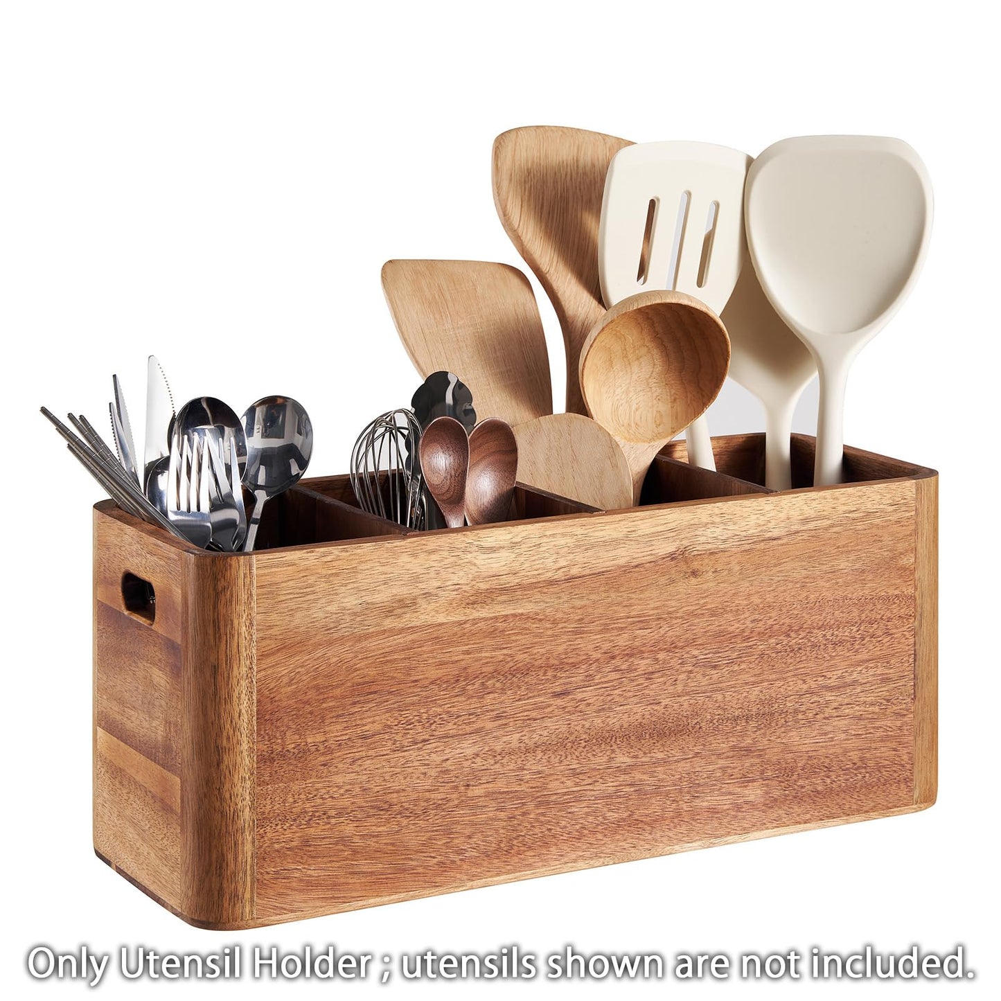 SANOSY 16" Wooden Kitchen Utensil Holder, Extra Large Acacia Wood Organizer for Cooking Tools, Utensils & Cutlery Storage – 4-Compartment Countertop Holder