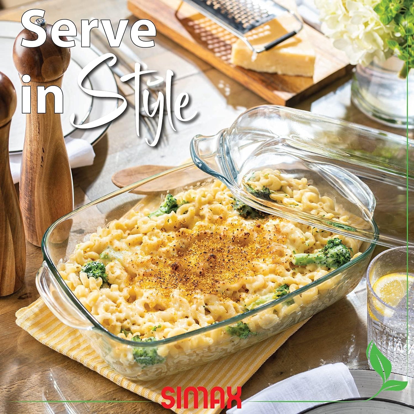 Simax Glass Casserole Dish - Clear Round Baking Dish with Lid & Handles | 3 Quart Capacity