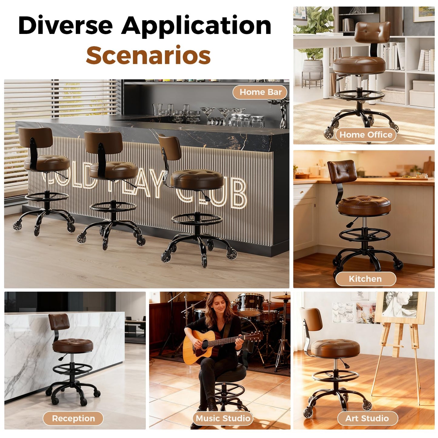 FREEKYROCK Office Drafting Chair with Footrest, Tall Height Adjustable Stool with Back Support, Heavy Duty Rolling Stool Chair with Wheels for Office Home Kitchen Bar Shop Guitar Studio Vanity, Brown