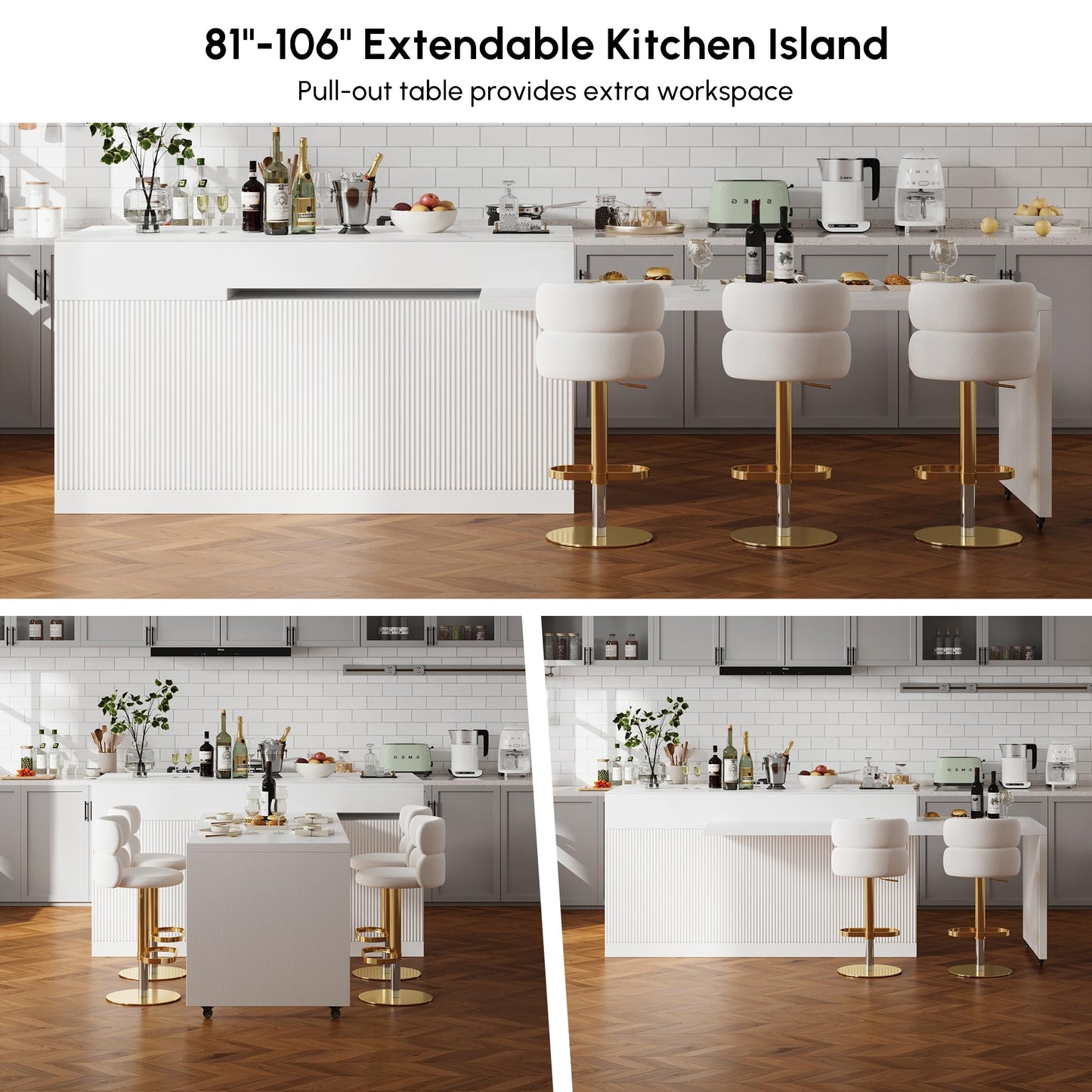 homary Extendable Kitchen Island, 81"-106" Kitchen Island Cabinet with Sintered Stone Top, Storage Drawers & Doors, White, Right-Hand Facing