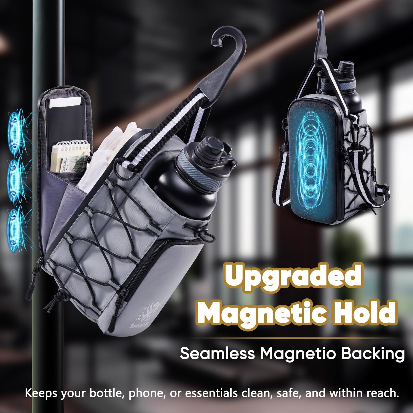 SPORJET Magnetic Gym Bag for Water Bottle – Fits Up to 46oz, Sling Water Bottle Holder with Strap & Phone Pocket, Magnetic Workout Bag for Gym, Fitness, Outdoor, Men & Women