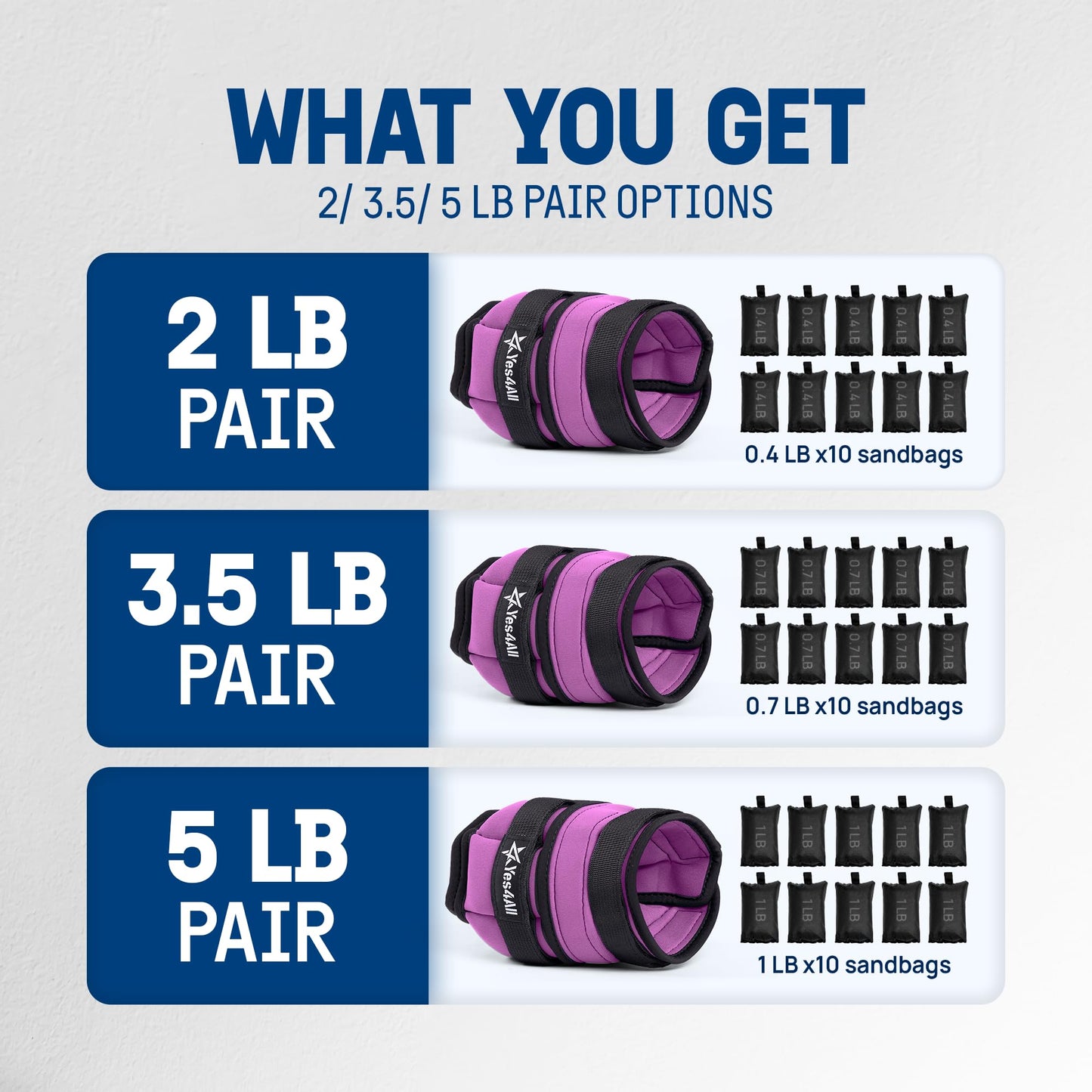 Yes4All Adjustable Wrist & Ankle Weights 3.5/5 LB Pair, Leg Weights for Women & Men, Weighted Arm Bands with Removable Sandbags for Fitness, Pilates, Walking, Strength Training - Versatile Colors