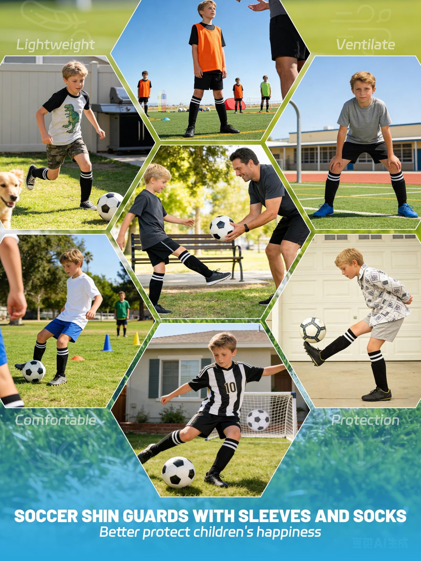 Gnodio Kids Soccer Shin Guards with Sleeves and Socks Set Youth Toddler Shin Pads Long Socks for 3-12 Years Boys Girls Lightweight Soccer Equipment Black M