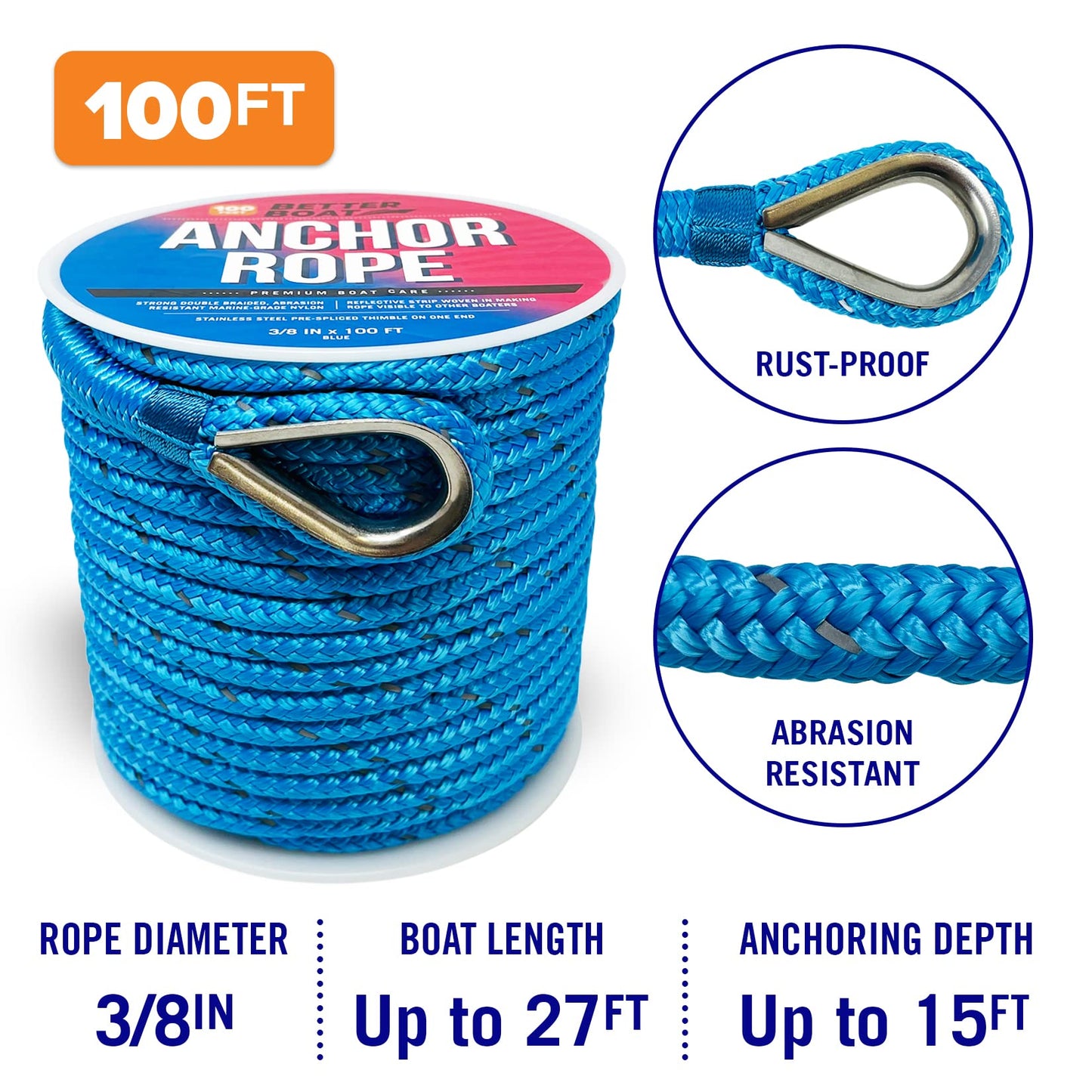 Better Boat Premium Anchor Rope, 100 Ft Double Braided White Nylon Marine Line, Reflective 3/8 Inch Reel for Anchors and Boats - Blue