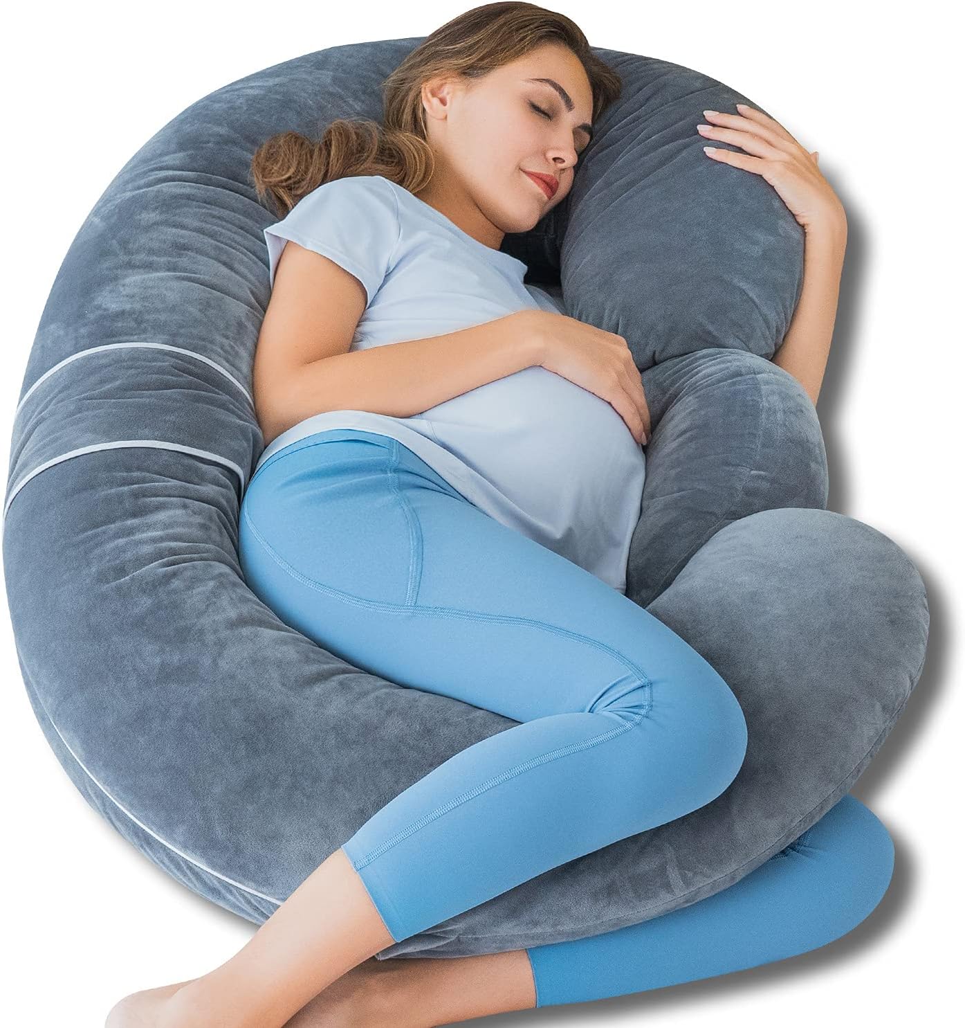 Queen Rose Pregnancy Pillow - E-Shaped Body Pillow for Side Sleepers, Detachable Grey Velvet Cover, 60in