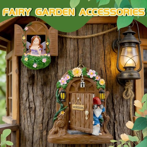 Exasinine Fairy Door and Windows Set - Gnome Statue Garden Sculpture for Outdoor Decor