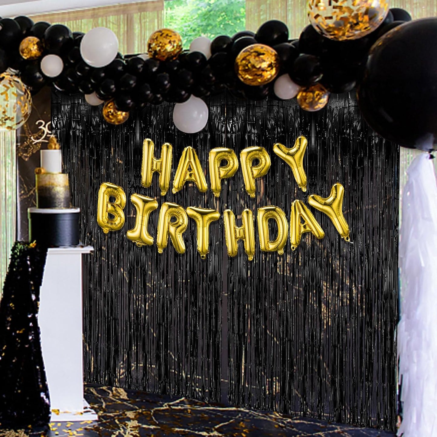 Skiennix 5 Pack Black Party Streamers - Tinsel Foil Fringe Curtains for Halloween & Birthday Decor