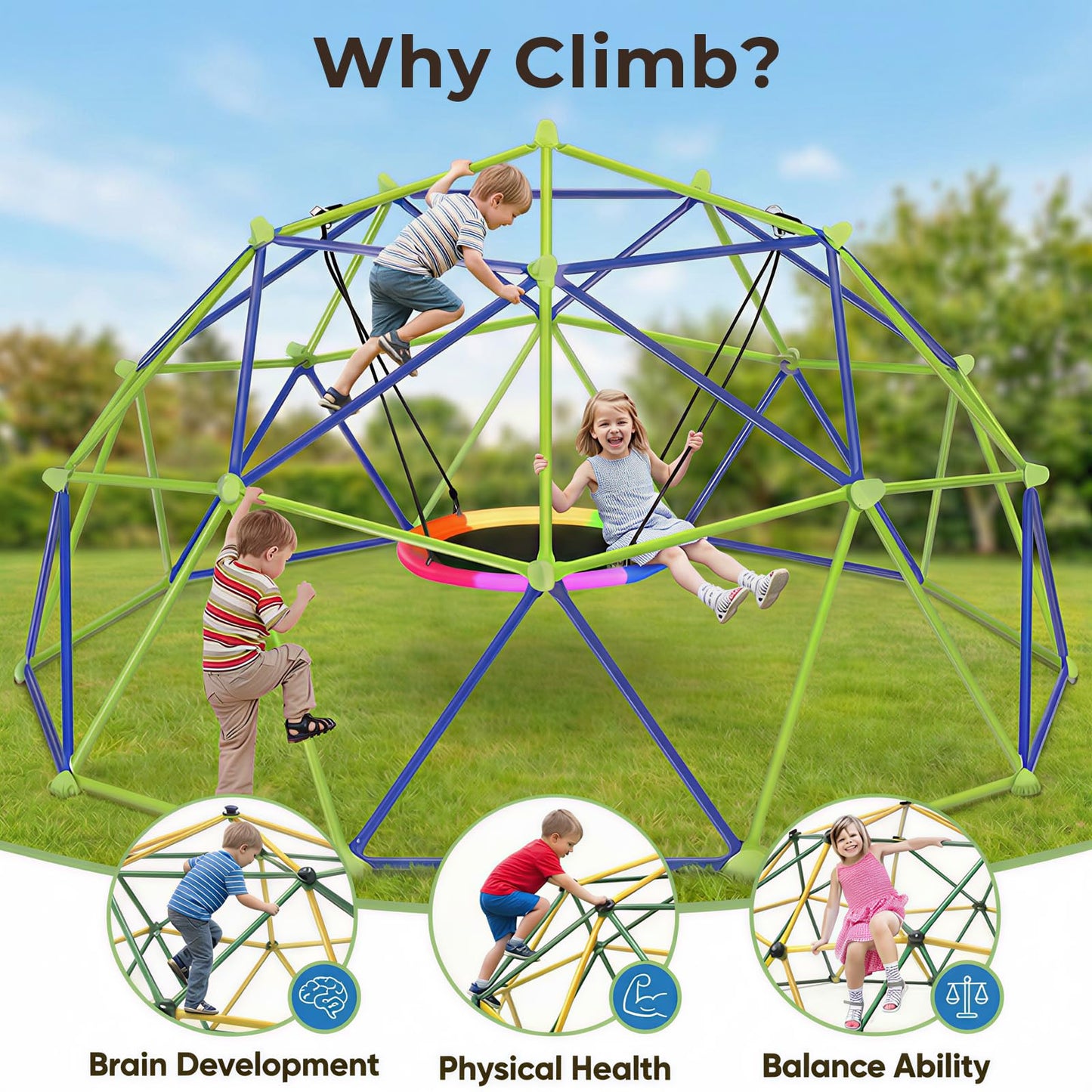 TABU 10FT Climbing Dome with Saucer Swing, Outdoor Dome Climber Supports 1000LBS, Rust-Resistant Jungle Gym Playground for Backyard & Patio, Easy Asssembly, for Ages 3-10