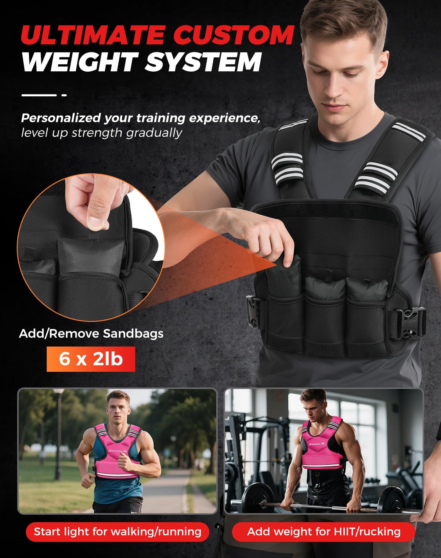 BAGAIL Adjustable Weighted Vest for Women 4-10lb, Comfortable U-Neck Rucking Vest with 6 Removable Weights, Storage Pocket and Reflective Strips for Walking, Jogging, Weight Loss & Home Workouts