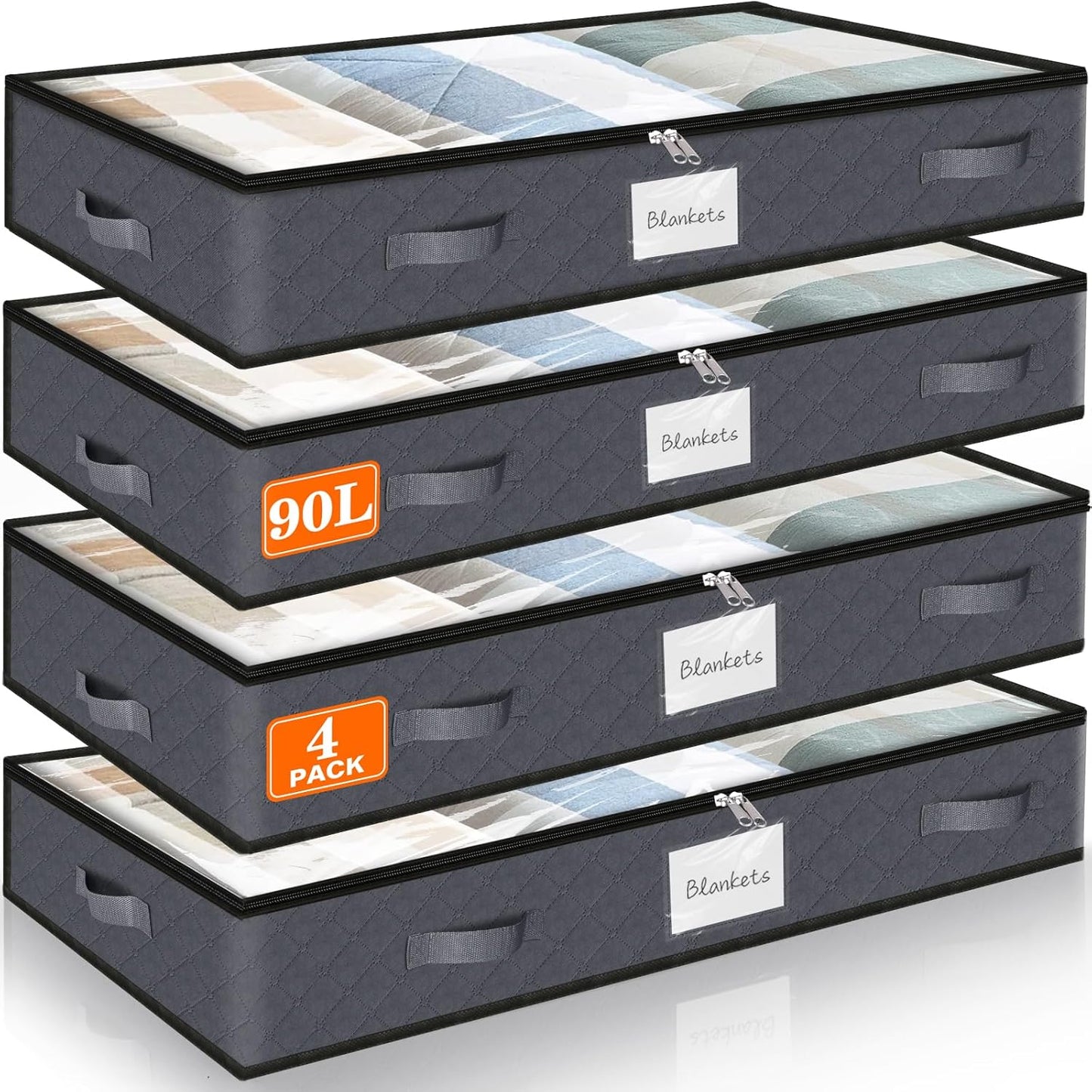 SpaceWhisper 90L Under Bed Storage Containers - 4-Pack Foldable Bins with Clear Tops for Clothing & Blankets | Grey