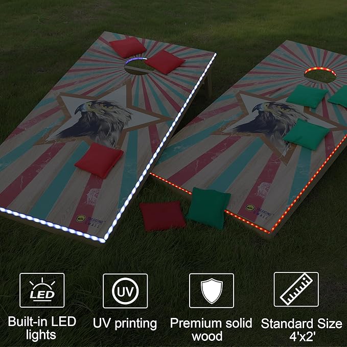 LED Cornhole Board Set 4FTx2FT Solid Wood Regulation Size Cornhole Set with LED Lights Includes 8 Cornhole Bags for Adults (Eagle, 4'x2')