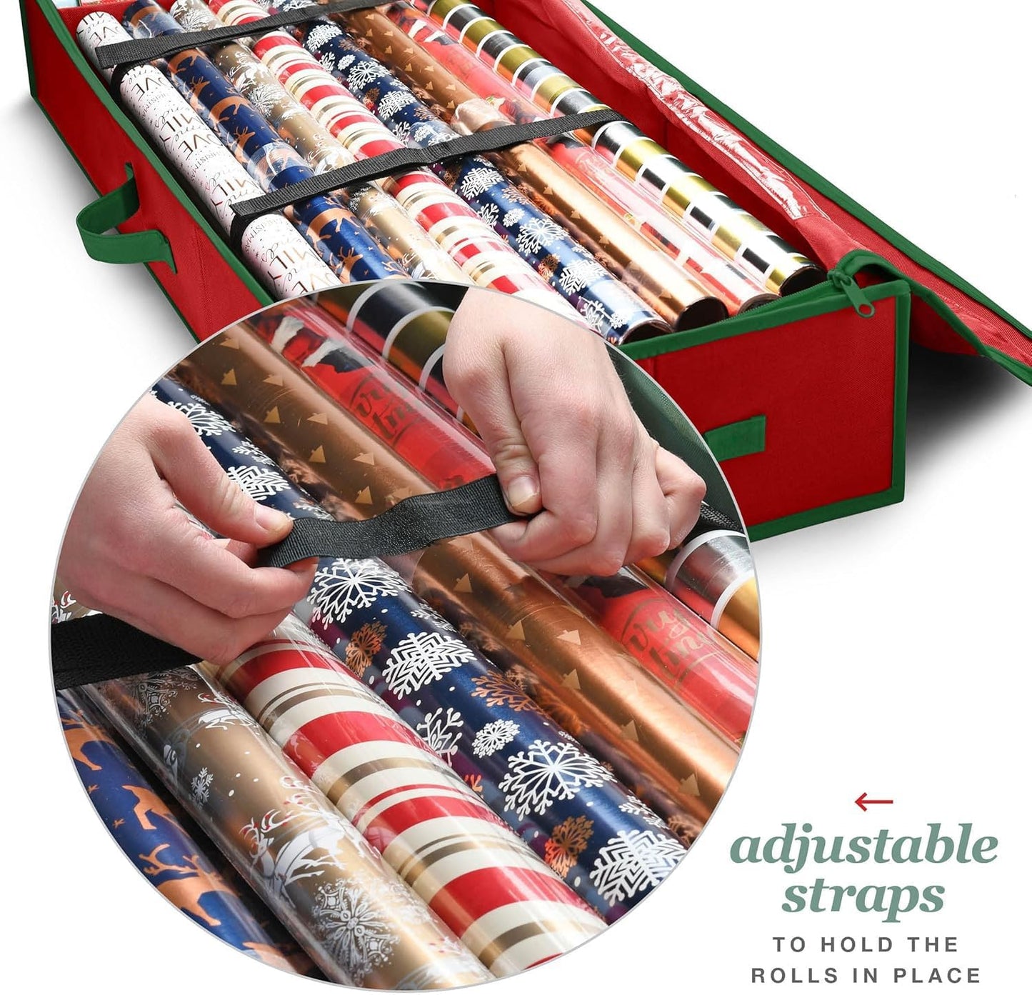 Premium Wrapping Paper Organizer - Heavy-Duty Gift Wrap Holder with Extra Pockets | Fits Up to 27 Rolls (Red)