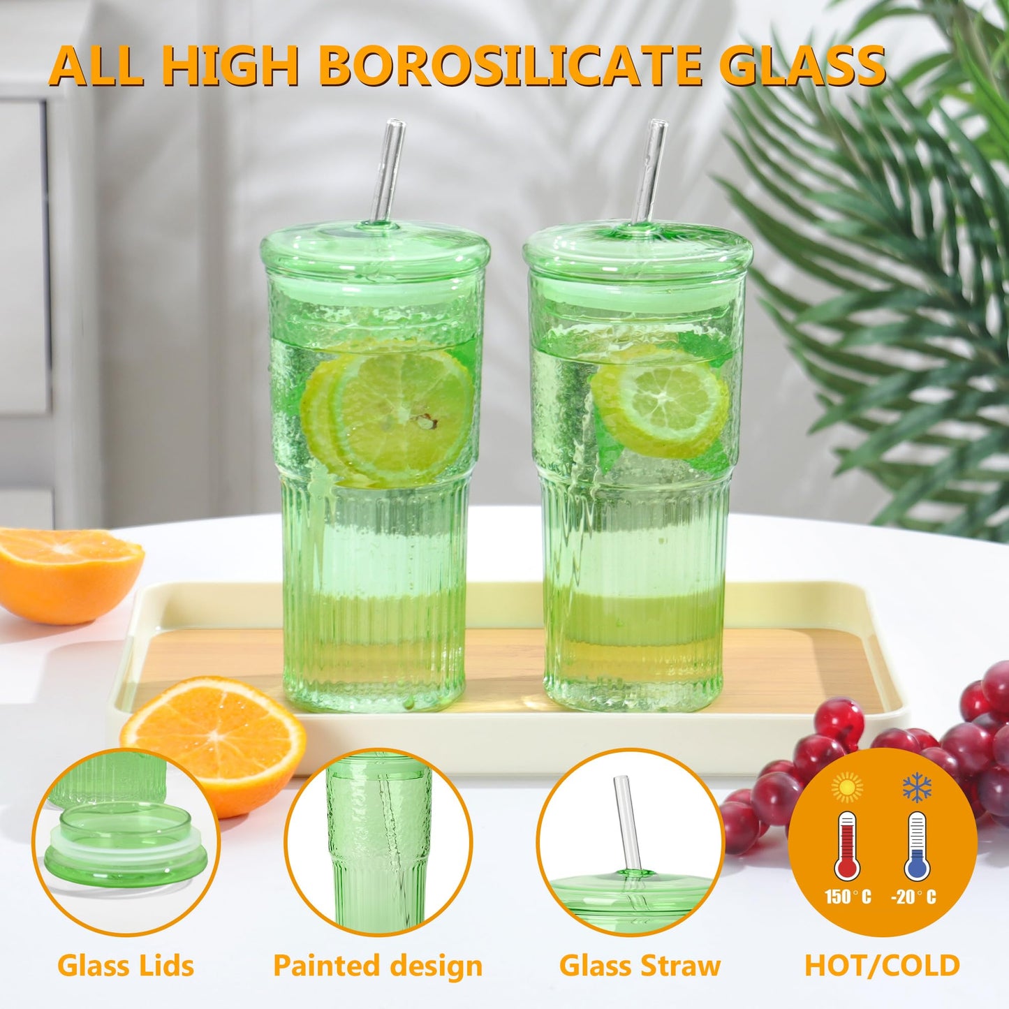 QWEZXO 20 OZ Glass Cup with Lids and Glass Straws, High Borosilicate Iced Coffee Glass Tumblers with Lid and Straw for Drinks, 2pcs Reusable Wide Mouth Smoothie Cup(Green)