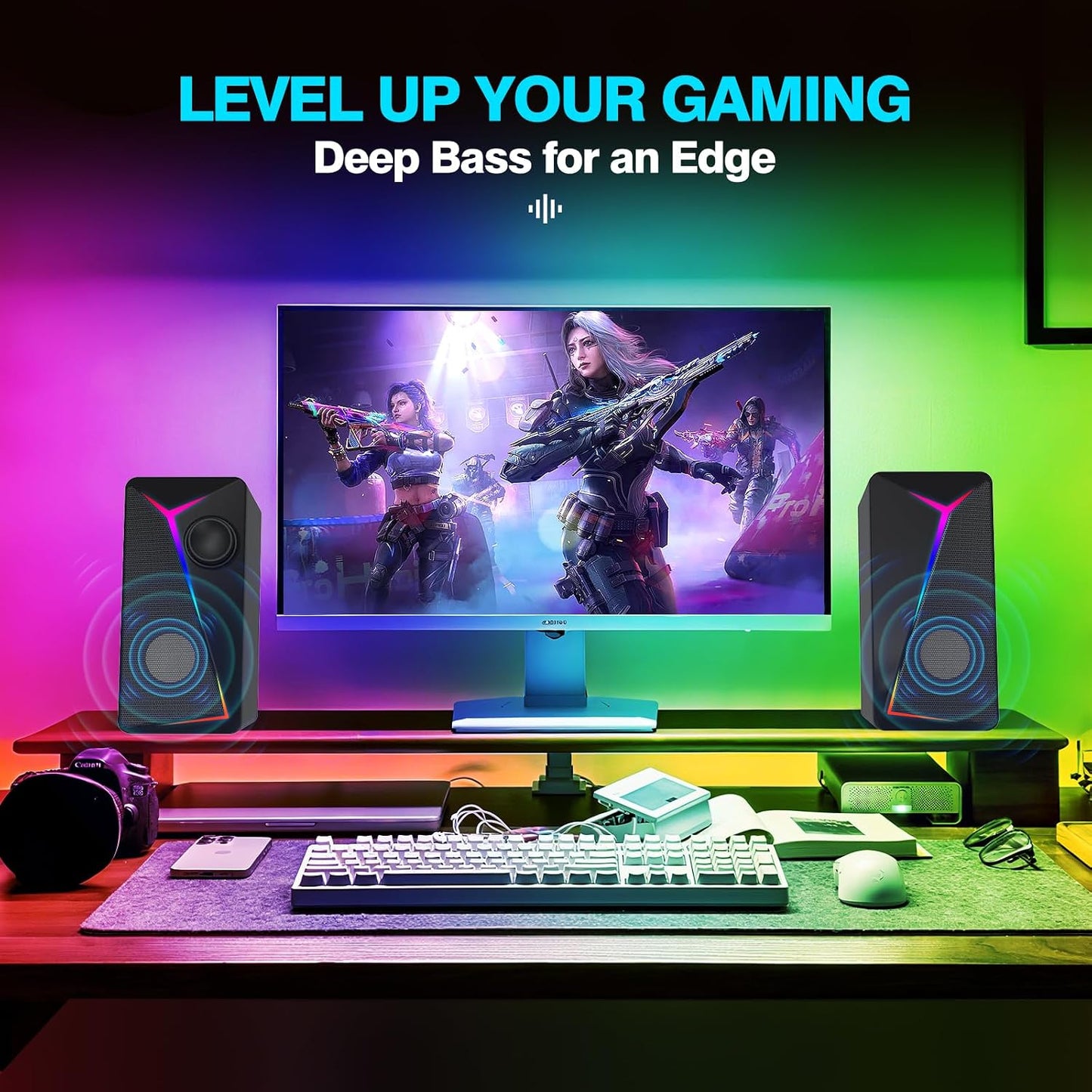 AYJBKL 3.5mm Computer Speakers for Desktop PC, USB-Powered Gaming Speakers for Laptop Multi Colorful LED Backlight