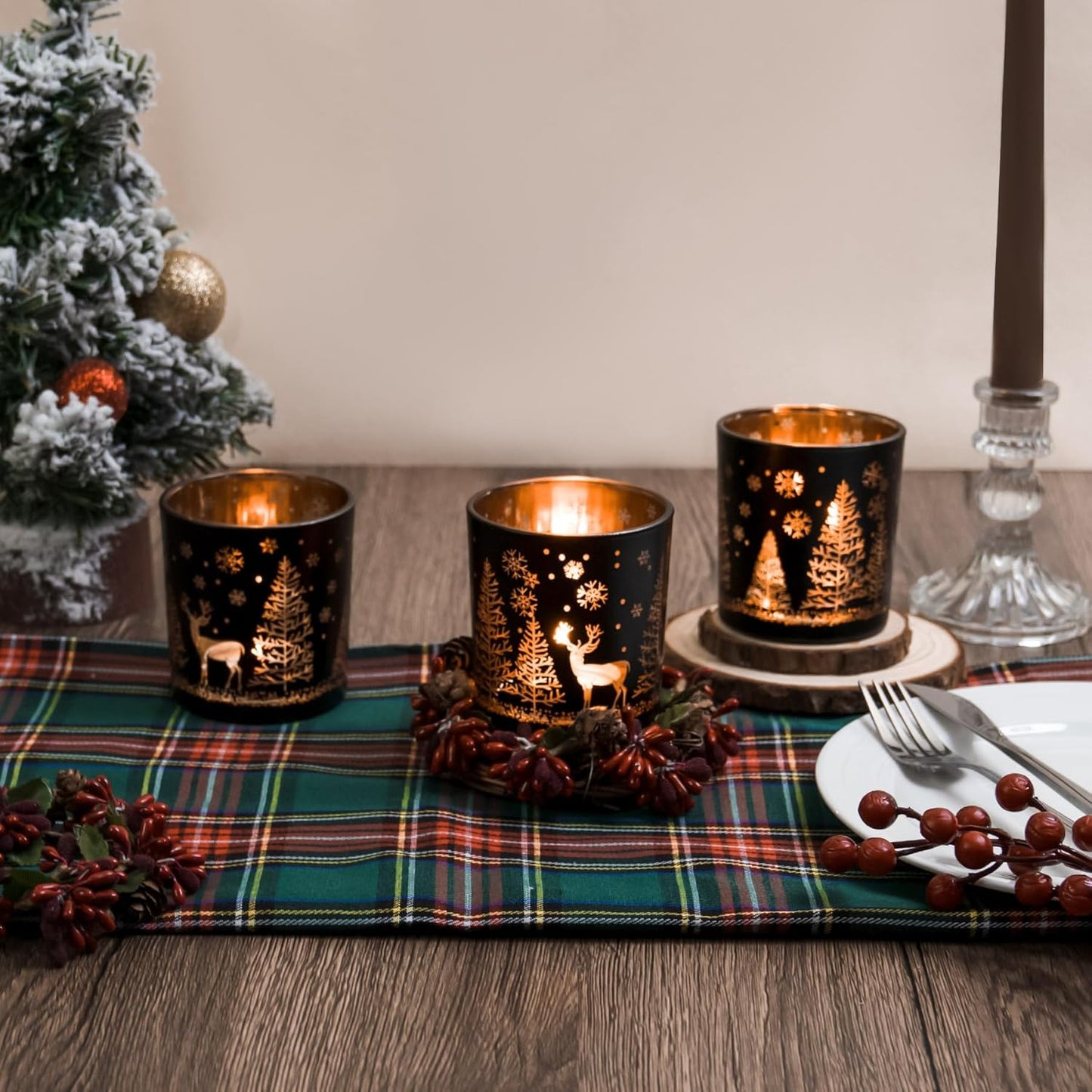 Skiennix Votive Candle Holders - Black & Gold Glass Tealight Set of 3 | Festive Elk, Tree & Snowflake Designs for Holiday Decor