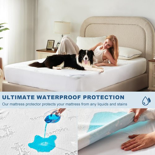 BEDLORE King Size Waterproof Mattress Protector - Soft Bamboo Viscose Fitted Cover | Breathable & Noiseless, Machine Washable (White)