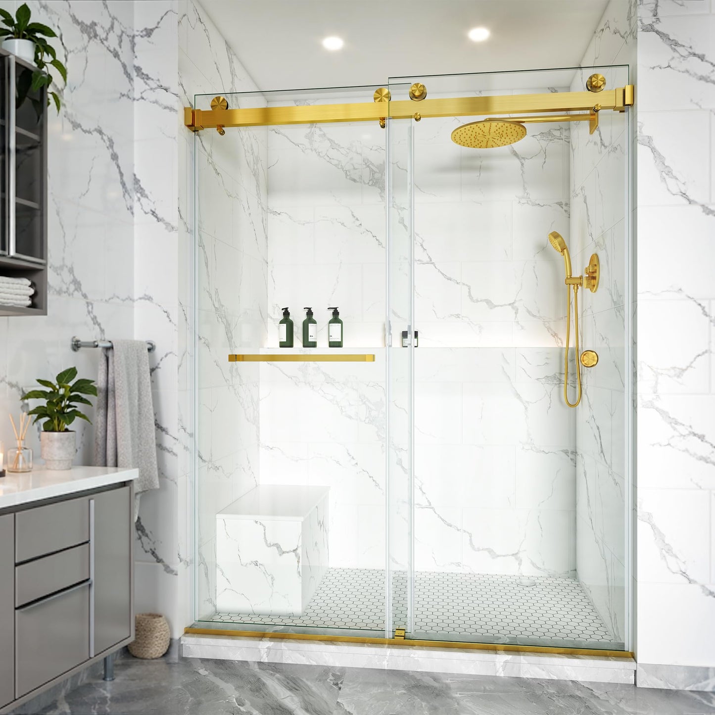 Frameless Double Sliding Shower Door 57"-61"x79", 3/8" Tempered Glass with Easy-Clean Coating, Adjustable Width for Walk-in Shower, Includes Towel Bar & Stainless Steel Hardware