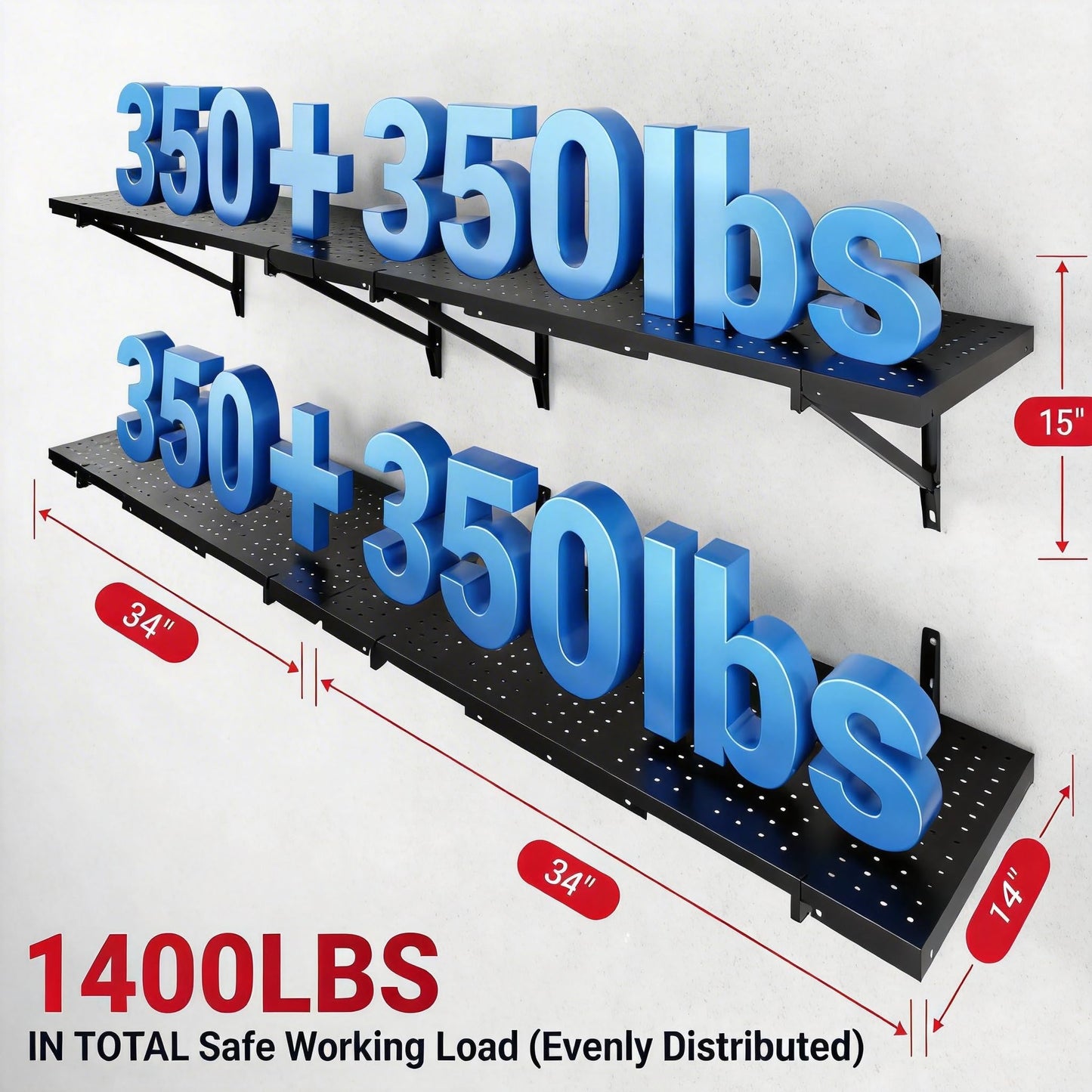 FLEXIMOUNTS 2-Pack 1x6ft Heavy Duty Garage Wall Shelving, Perforated Metal Garage Shelving Wall Mounted, 1400 lbs Capacity, Garage Organization System for Tools, Bins & Space Saving