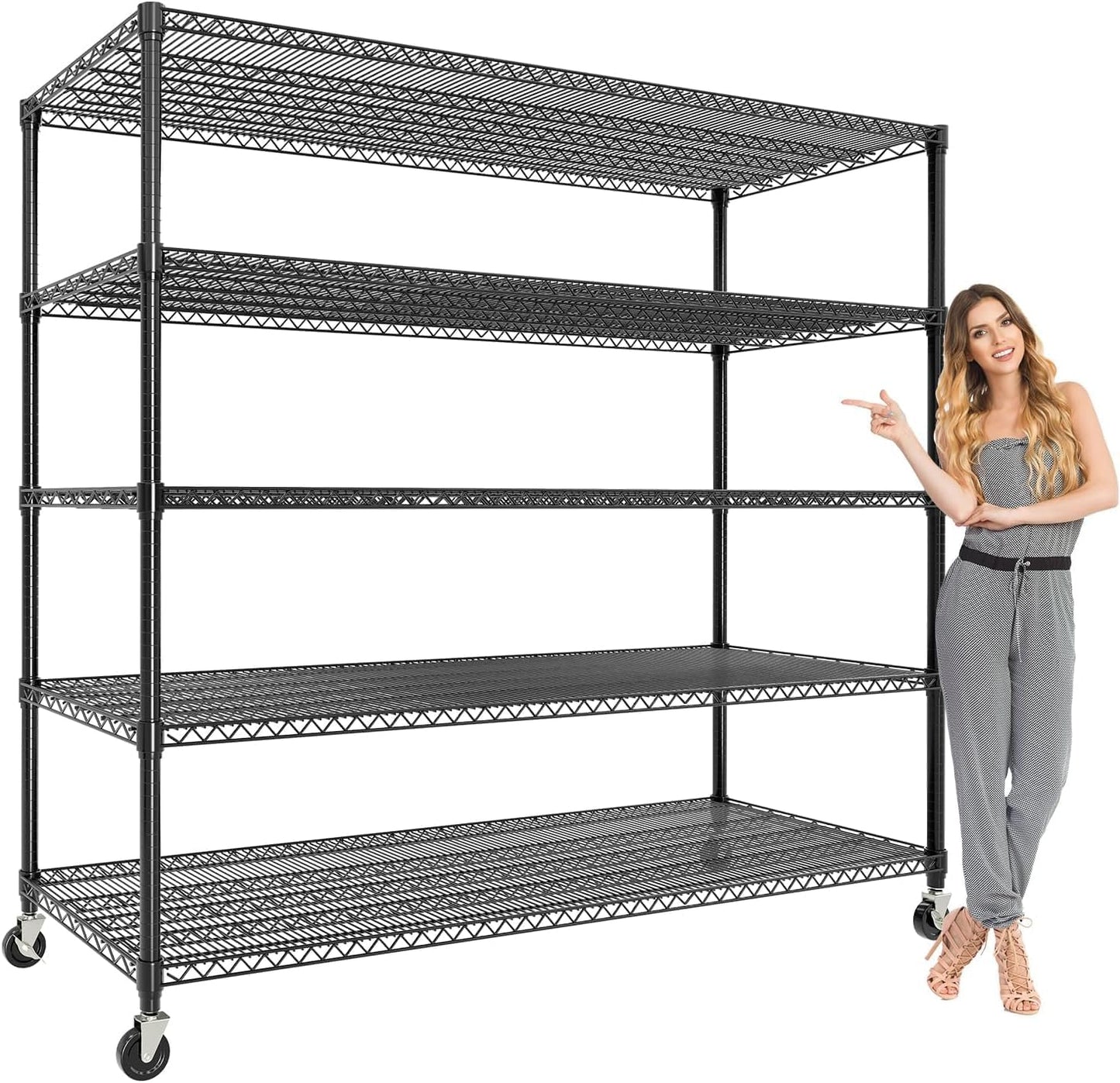 Garvee Storage Shelves, 5 Tier Metal Shelving Units with Wheels, 82" H x 59" W x 23.6" D, 3300 LBS Heavy Duty Wire Shelving Rolling Rack for Garage Kitchen Home Basement, Adjustable, Black