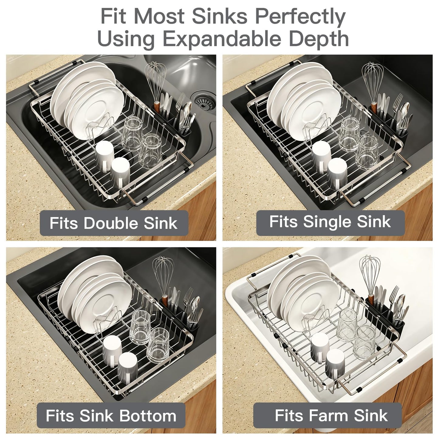 MAJALiS Dish Drying Rack Over The Sink, Expandable Stainless Steel Dish Drainer for Small Kitchen Counter Space Saving, RV Compact Plate Strainer In Silver Metal with Hanging Adjustable Utensil Holder