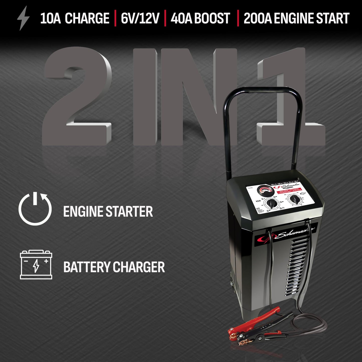 Schumacher Electric Wheeled Manual 10A Car Battery Charger and 200A Engine Starter, 2-in-1 Solution, 40A Boost, for 6V/12V Power Sport, Automotive, and Marine Batteries, SC1446