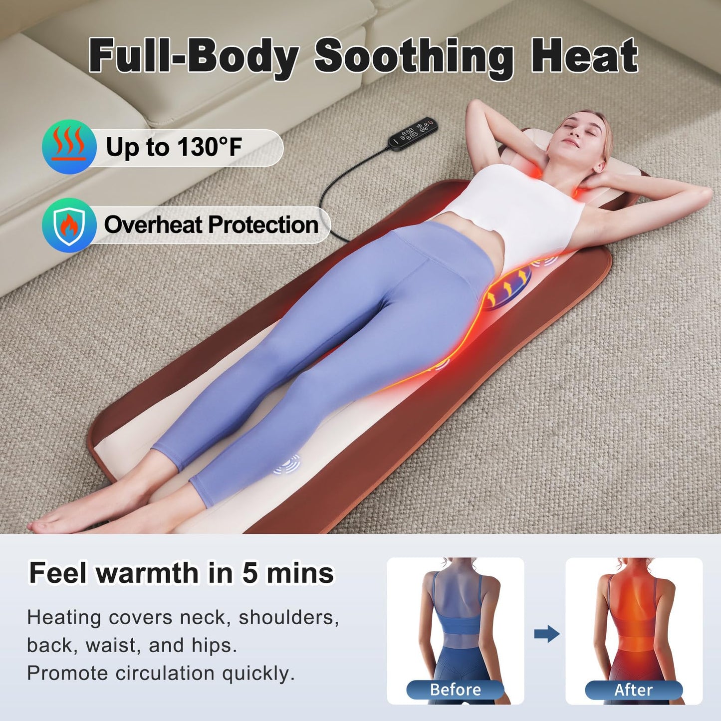 Full Body Massage Mat with Heat, Back Massager for recliner with Lumbar Support, Heating & Vibration, Massage Chair Pad for Seniors, Office Workers & Family, Fatigue & Pain Relief in Office, Home
