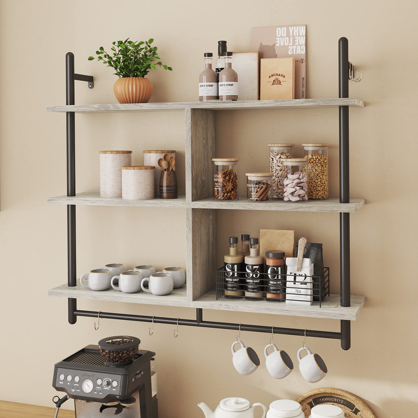 Bestier Floating Pipe Shelving Kitchen Shelves Wall Mounted 3 Tier Ladder Coffee Bar Shelf 3 Tier Bundle, Retro Grey