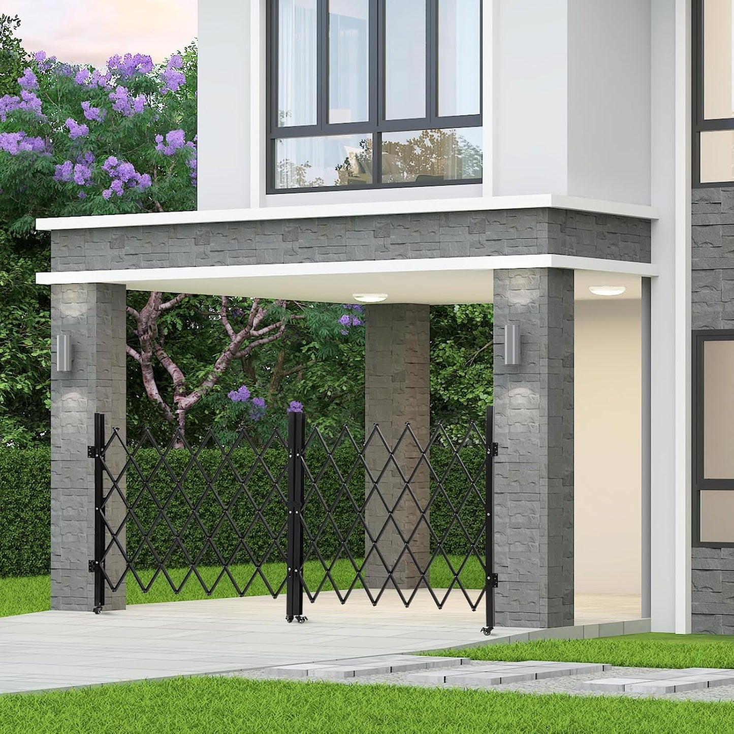 Single Expandable Gate, 87"H x 85"W Folding Security Door Gate, 360° Rolling Barricade Gate, Heavy-Duty Steel Outdoor Retractable Lockable Scissor Gates for Courtyards, Garages, Gardens, Pool