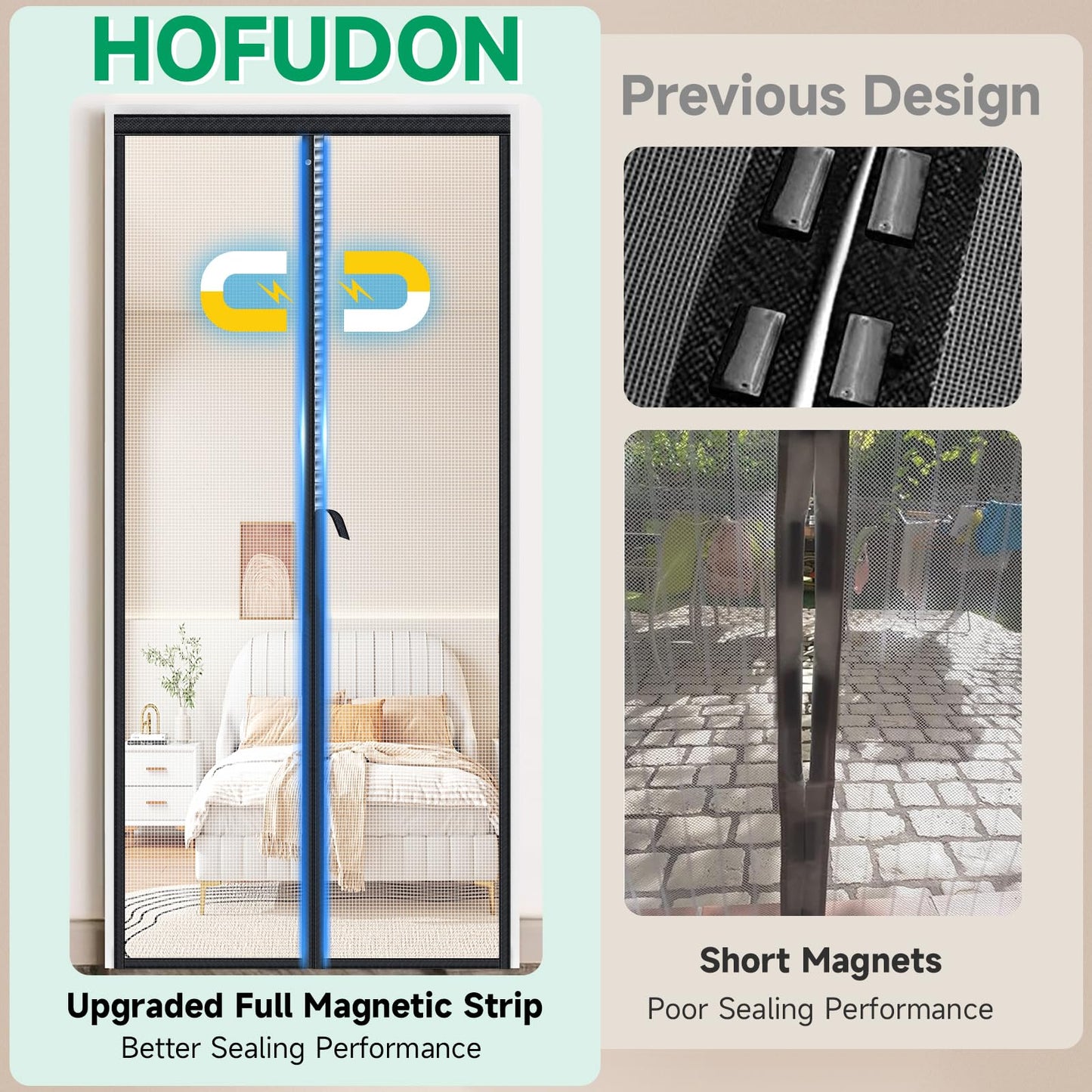 HOFUDON Upgraded Magnetic Screen Door Mesh, Full Strip Magnets, Heavy Duty Fiberglass Mesh, Door Screen Magnetic Closure for Single Door Size 32 x 80 Inch, Screen Door Size 35 x 82 Inch Black