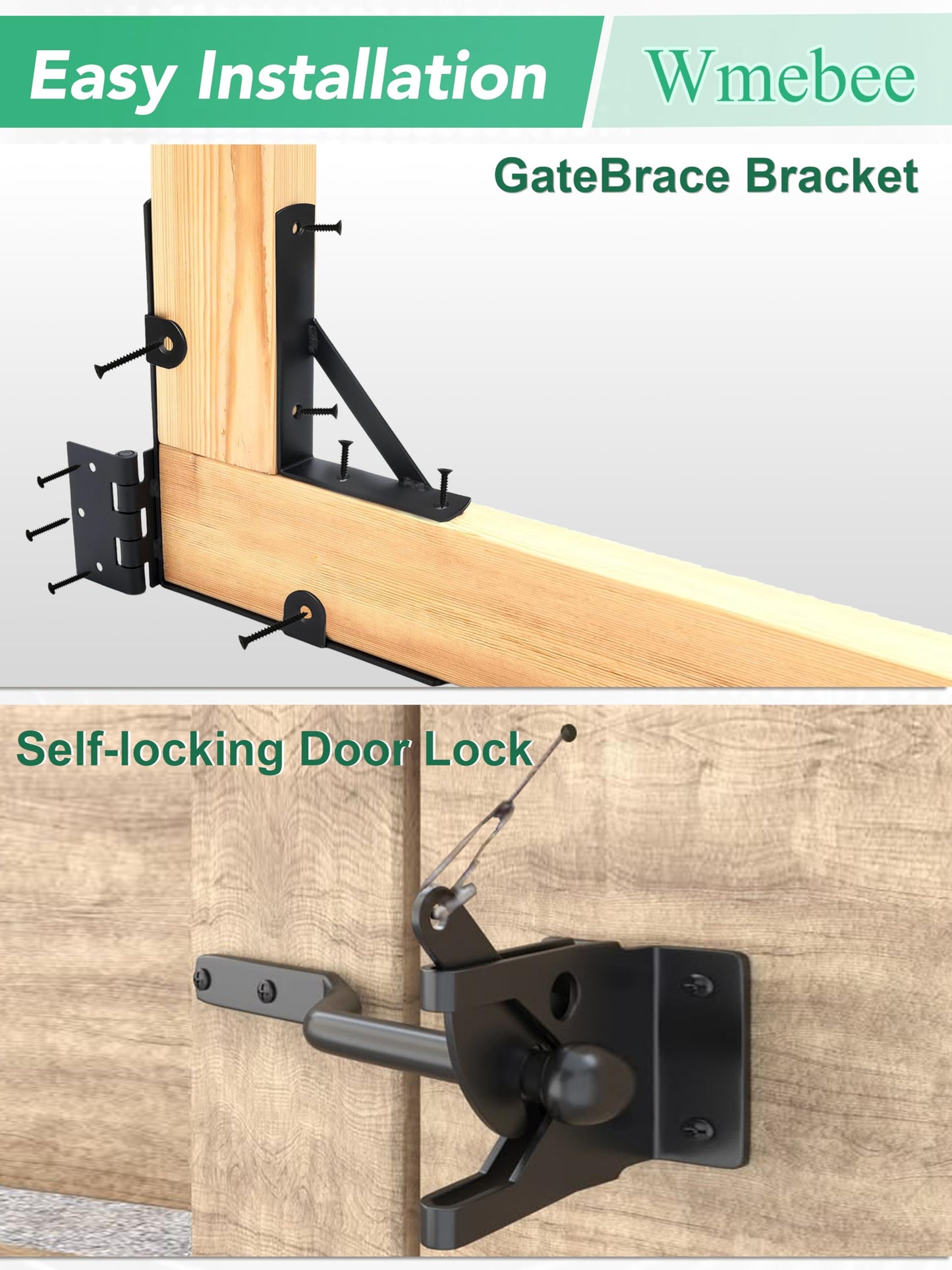 Wmebee Anti Sag Gate Kit, Fence Gate Kit Gate Hardware,Heavy Duty No Sag Anti Twist Gate Frame Corner Brace Bracket with Self-Locking Gate Latch for Wooden Fence Gate (1 Door Set)
