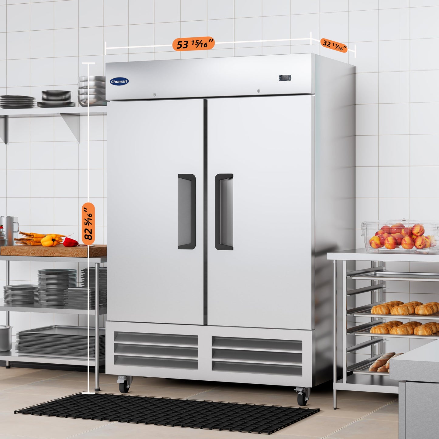 CHUMART 54" W Commercial Refrigerator with 2 door Stainless Steel 49 Cu. Ft Reach-in Refrigerator 6 Adjustable shelves Fan Cooling Fridge for Restaurant, Commercial Kitchen, Shop, ETL Certification