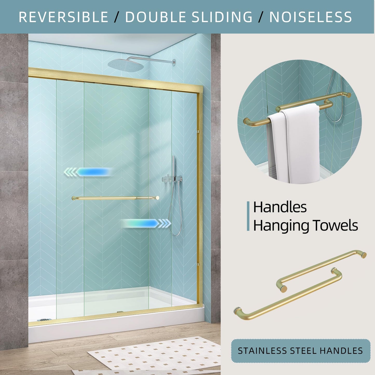 GETPRO Shower Door Double Sliding 68-72 in. W x 72 in. H Semi-Frameless Bypasss Bathroom Glass Shower Sliding Doors,1/4 inch Clear Tempered Glass Door for Walk-in Shower Brushed Gold