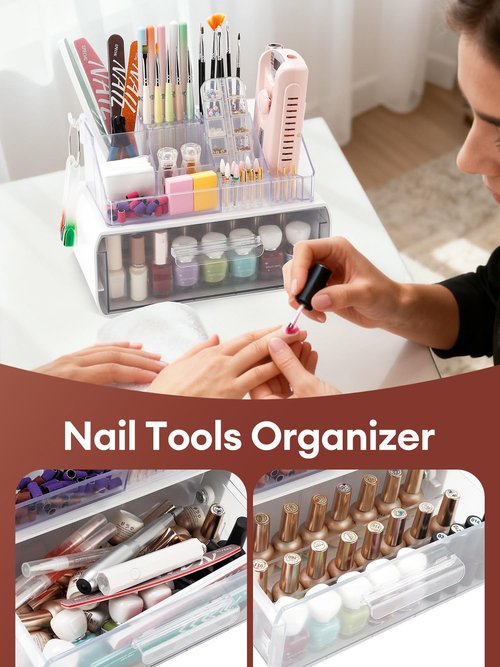 LIARTY Nail Drill Holder with Drawer: Acrylic Nail Drill Bits Holder Makeup Organizer Case for Brush - Beauty Cosmetic Storage Box for Dresser Countertop and Bathroom Vanity