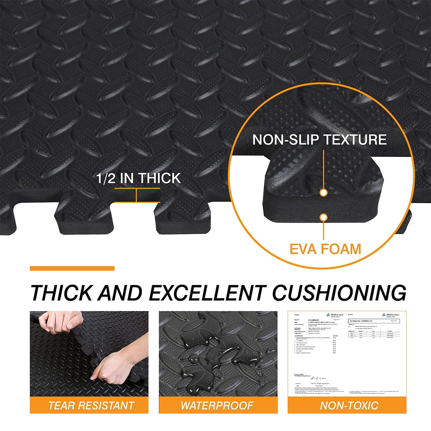 Mat Block APM36001BK-1 Torin Interlocking Foam Exercise Floor Mats: 144 SQ FT, 1/2 inch, 36 Tiles, EVA Gym Mat Flooring, Exercise Equipment Mat for Home Gym Equipment, Black