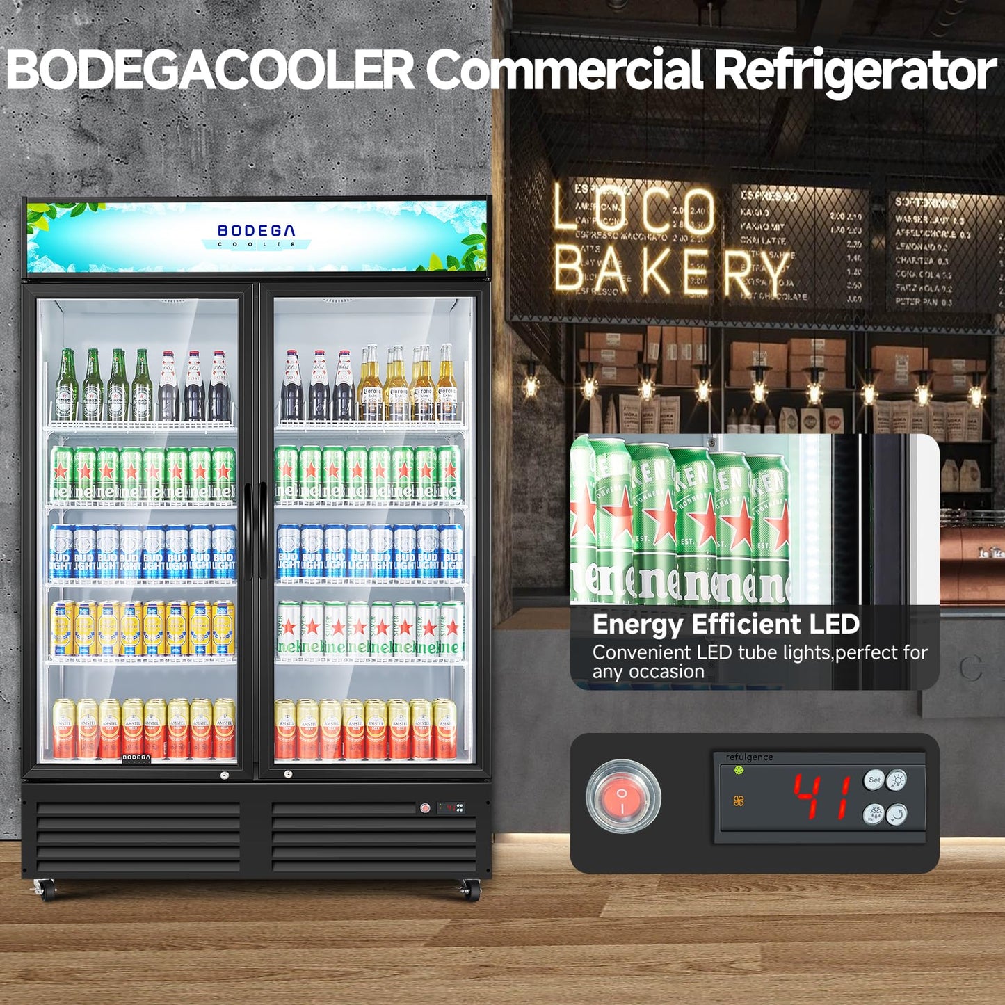 BODEGACOOLER Commercial Merchandiser Refrigerator, 40 Cu.Ft Double Glass Door Beverage Cooler, Upright Display Refrigerator with Soft LED Light, Adjustable Shelves, 4 Heavy-Duty Casters, Black