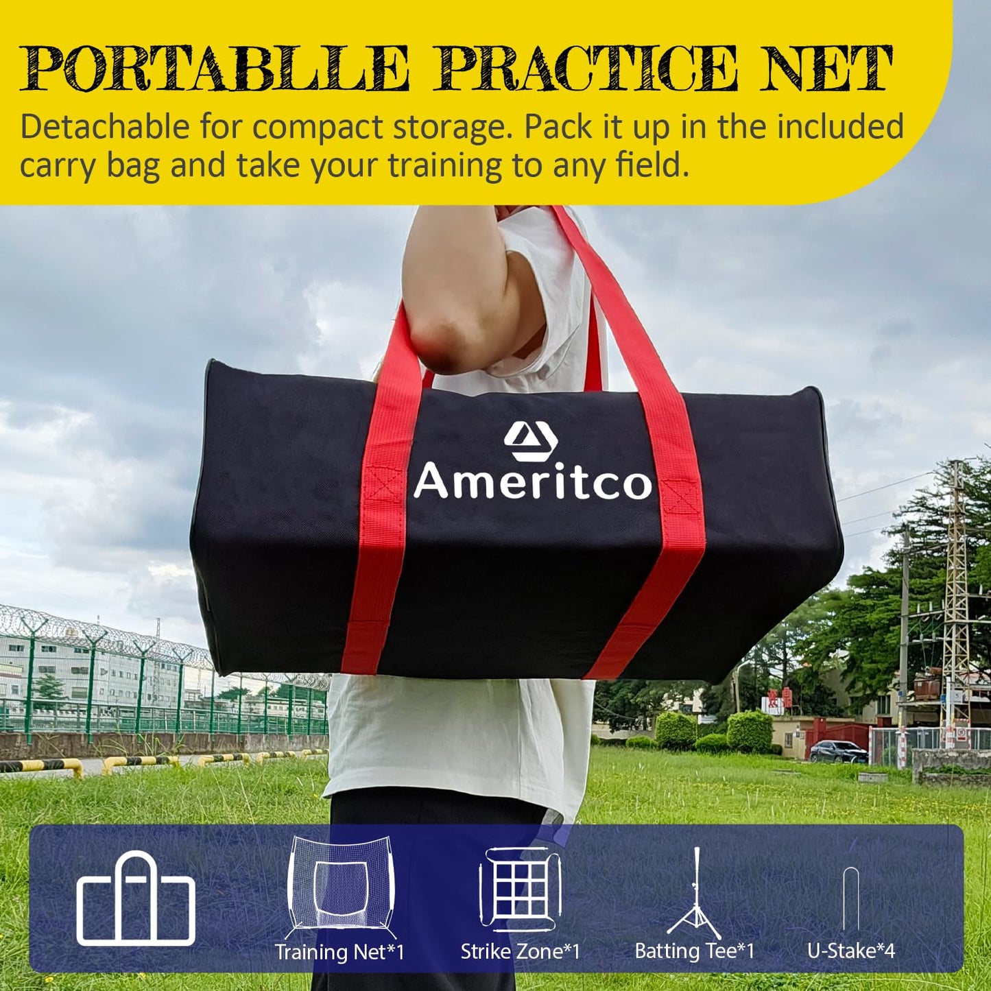 Ameritco Baseball Net，7x7ft Baseball Practice Net with Tee and Target, Large Pocket Sports net for Hitting/Batting/Pitching/Throwing,Scratch Resistant Base, Versatile Use for All Levels (Red)