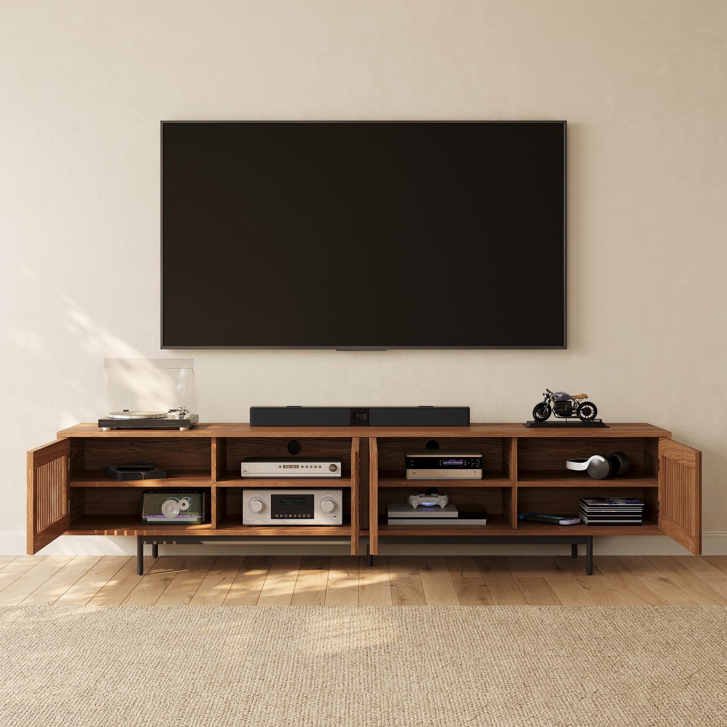 POVISON Mid-Century Modern TV Stand with Slatted Doors, Fully Assembled 94.49" Wood Media Console, TV Console with Tall-cast Metal Legs, Entertainment Center with Storage for Living Room