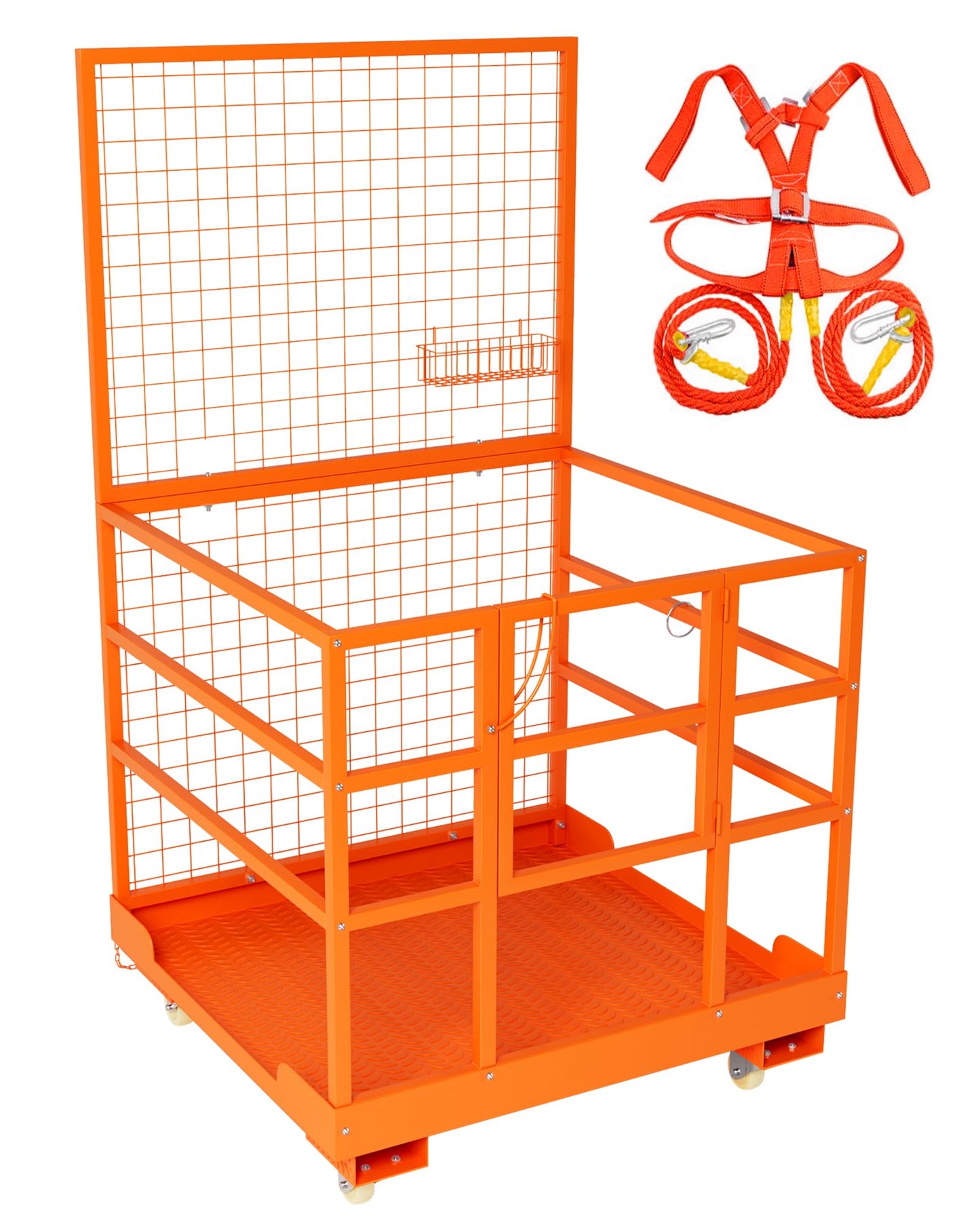 GarveeTech 45 in x 43 in Forklift Safety Cage, 1800 LBS Max. Heavy Duty Steel Forklift Man Basket with Safety Harness & Wheels, Aerial Work
