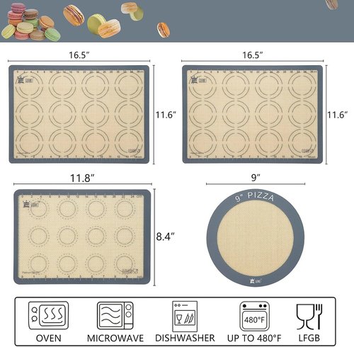 GUANCI Silicone Baking Mat Set of 4 - Non-Stick, Reusable Bakeware for Pizza, Macarons, Cookies | Grey