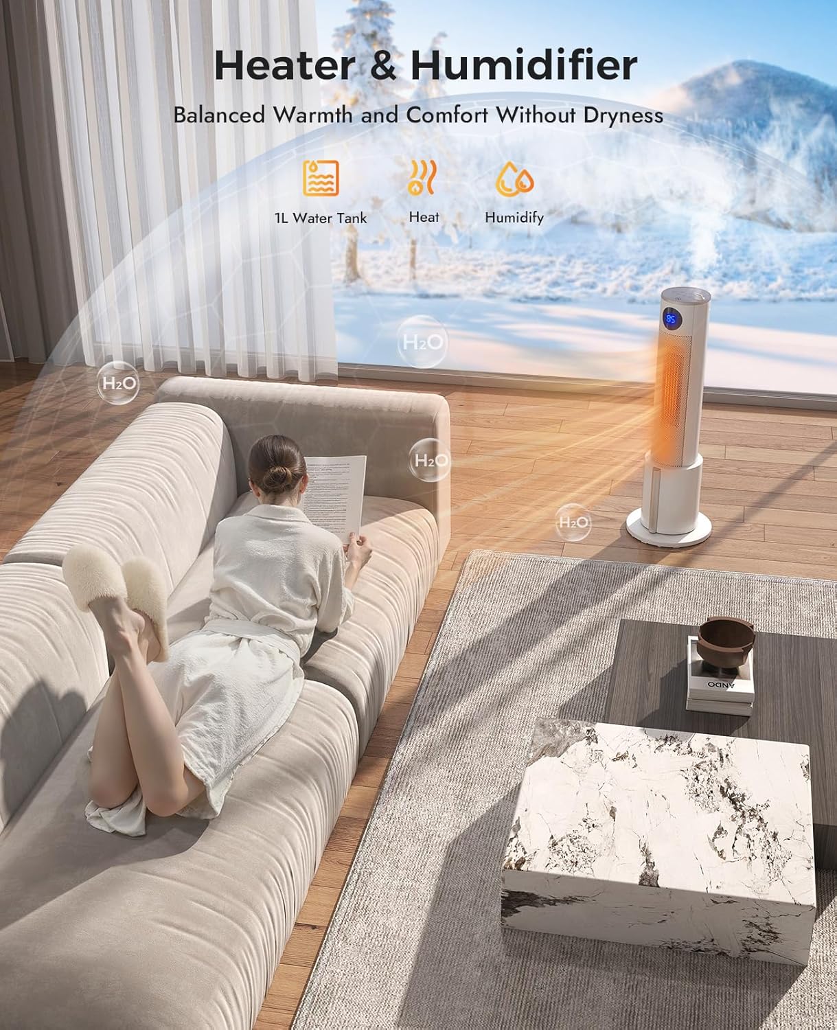 Skiennix Space Heater with Humidifier - Portable Indoor Tower Heater with Remote, Adjustable Thermostat & 12H Timer