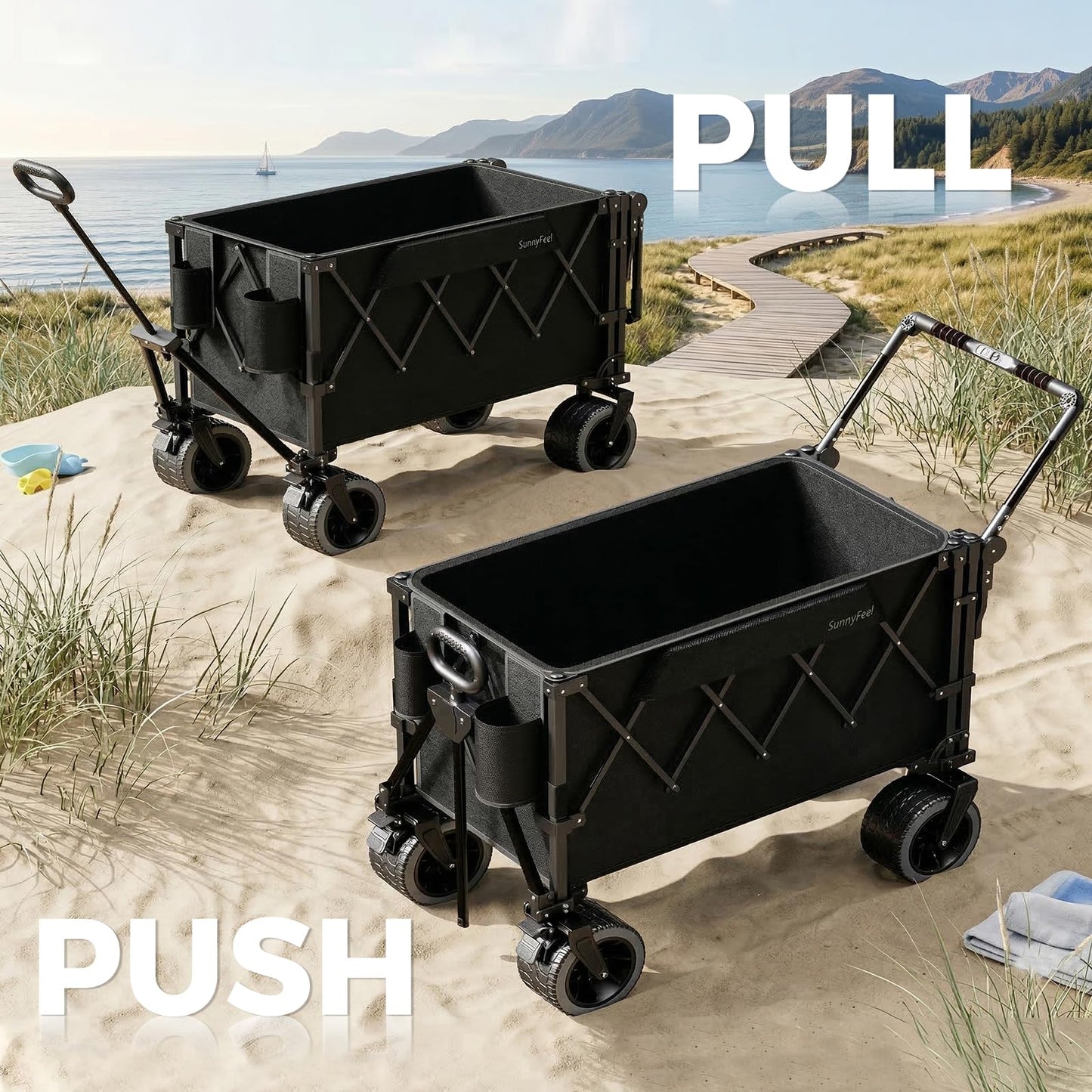 SUNNYFEEL 550LBS Collapsible Wagon Cart - Heavy Duty Push Pull Foldable Wagon with Dual Handles and Big Wheel,Utility Cart with Rear Tailgate for Camping, Fishing, Gardening, Shopping, Black